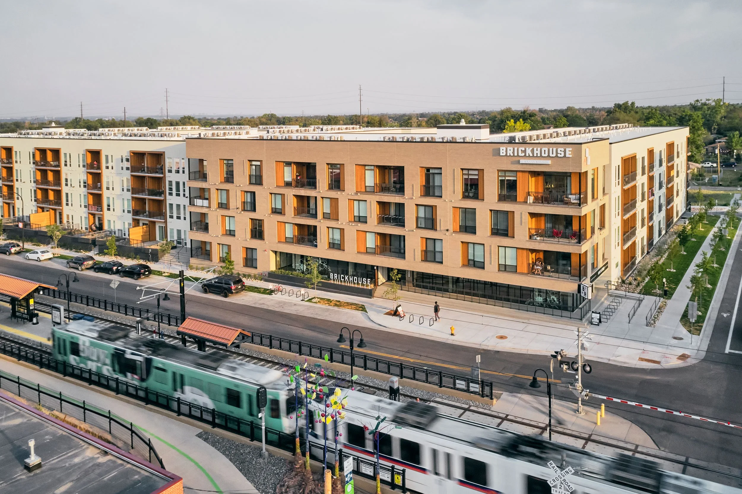 Exterior aerial drone image by licensed drone operator and architectural photographer Brad Nicol Photography of a multifamily apartment building in Denver, Colorado.