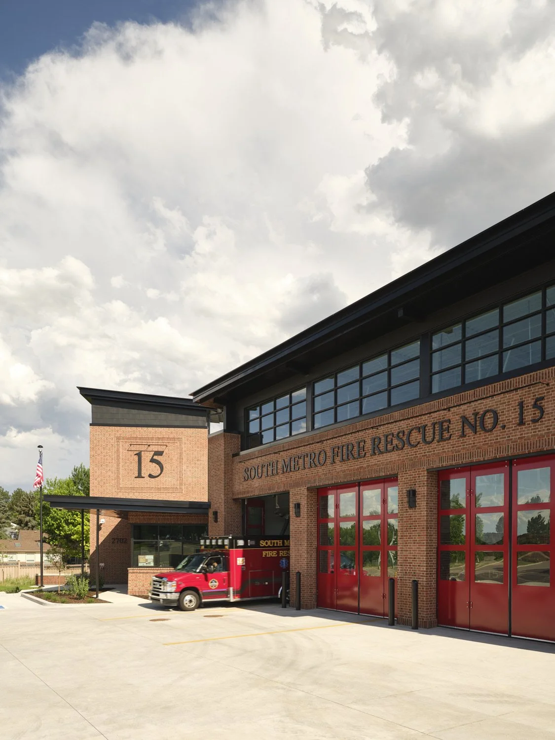 Exterior image by architectural photographer Brad Nicol Photography of Fire Station 15 in the Denver Metro area of Colorado.