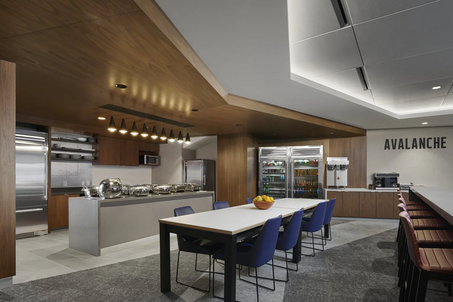 Interior image by architectural photographer Brad Nicol Photography of the Colorado NHL Avalanche professional hockey team in cafe area.
