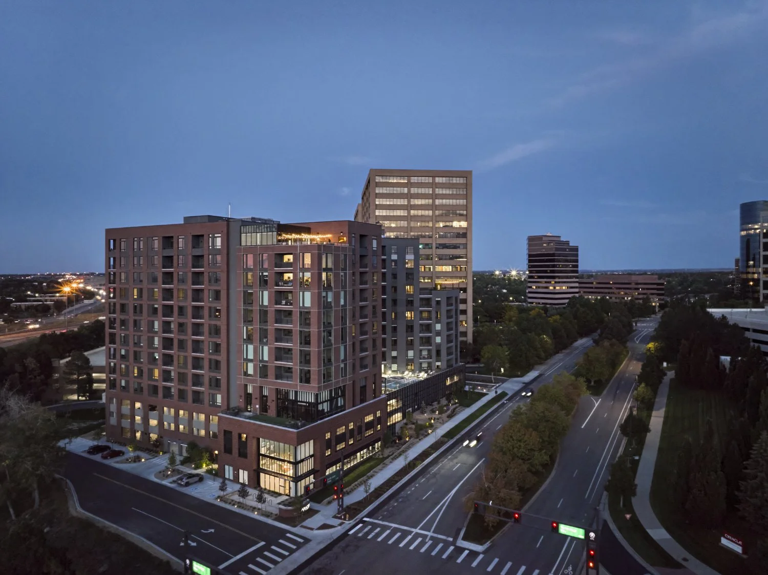 Drone aerial architectural image by professional photographer Brad Nicol Photography of a multi family building in Denver.