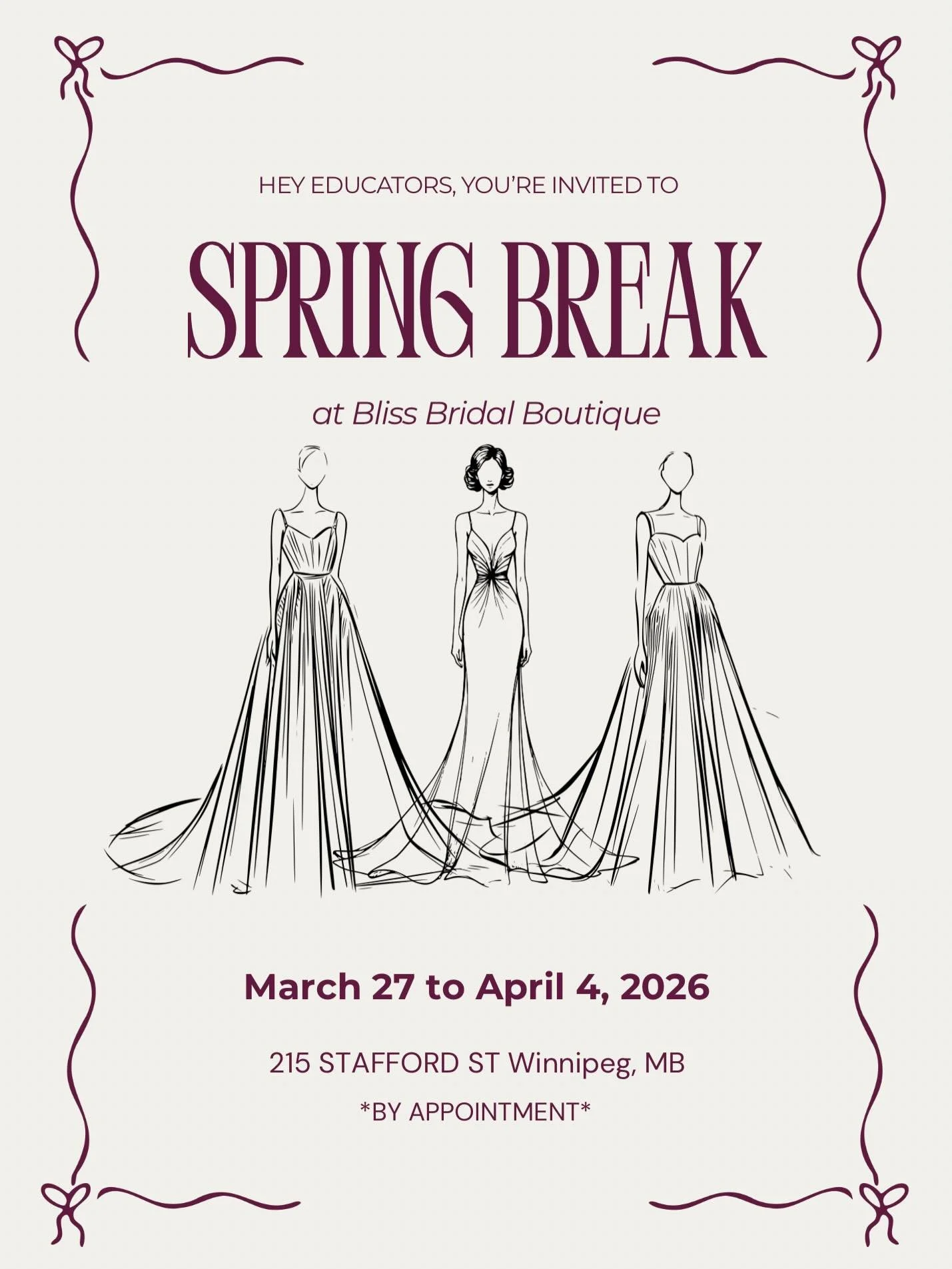 It&rsquo;s Spring Break and there&rsquo;s no better time than now to start shopping for your wedding dress! 

We are celebrating all educators out there. We&rsquo;re offering 10% off your dress purchase plus a special gift bag with your visit.

We ca
