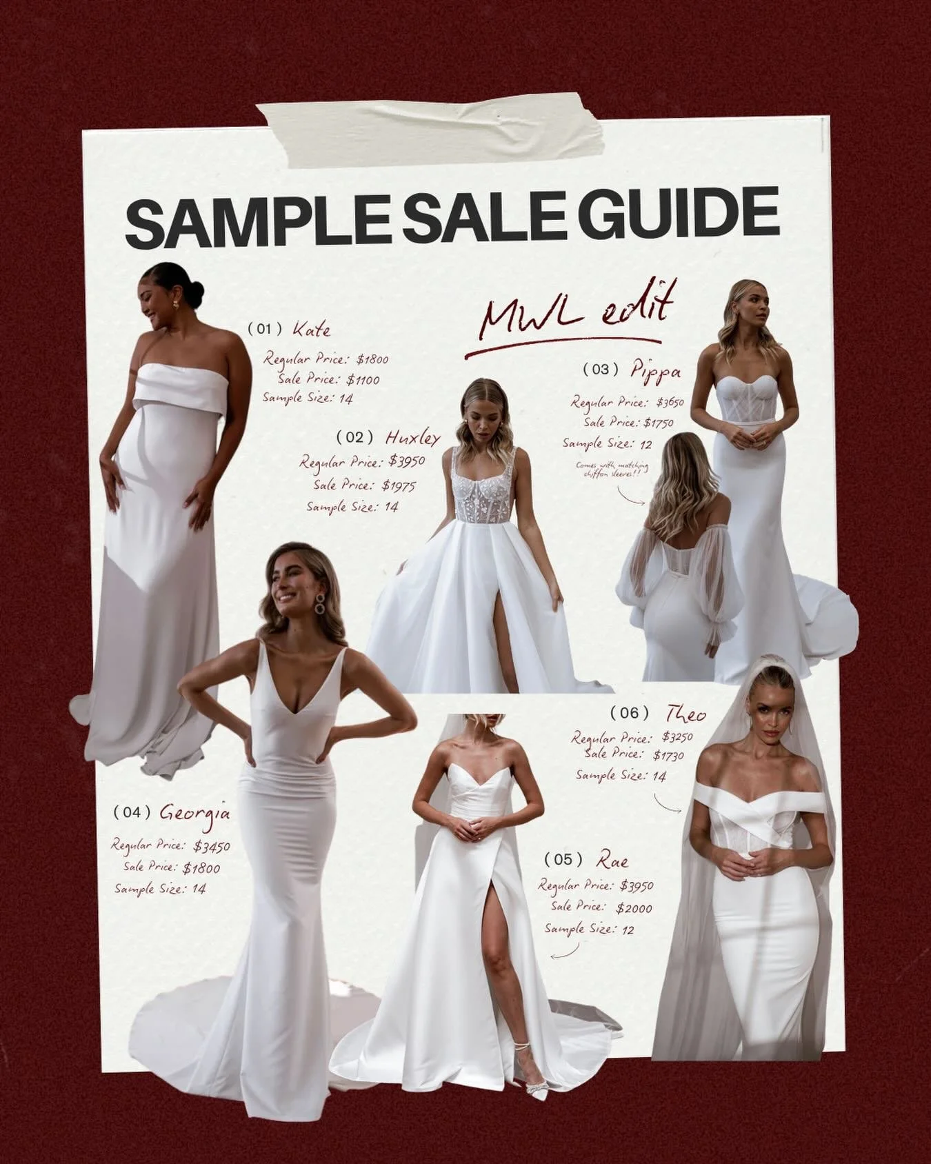 Sample Sale Guide: MWL Edit #1

Our upcoming Sample Sale will feature a curated selection of MWL gowns &mdash; effortlessly cool and modern. 

These are just a glimpse of what&rsquo;s to come&hellip; 

2 days ONLY! Limited appointments, exclusive sty