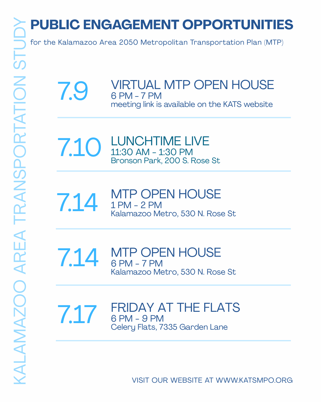 Image with dates, times, and locations for public engagement for the 2050 Metropolitan Transportation Plan.