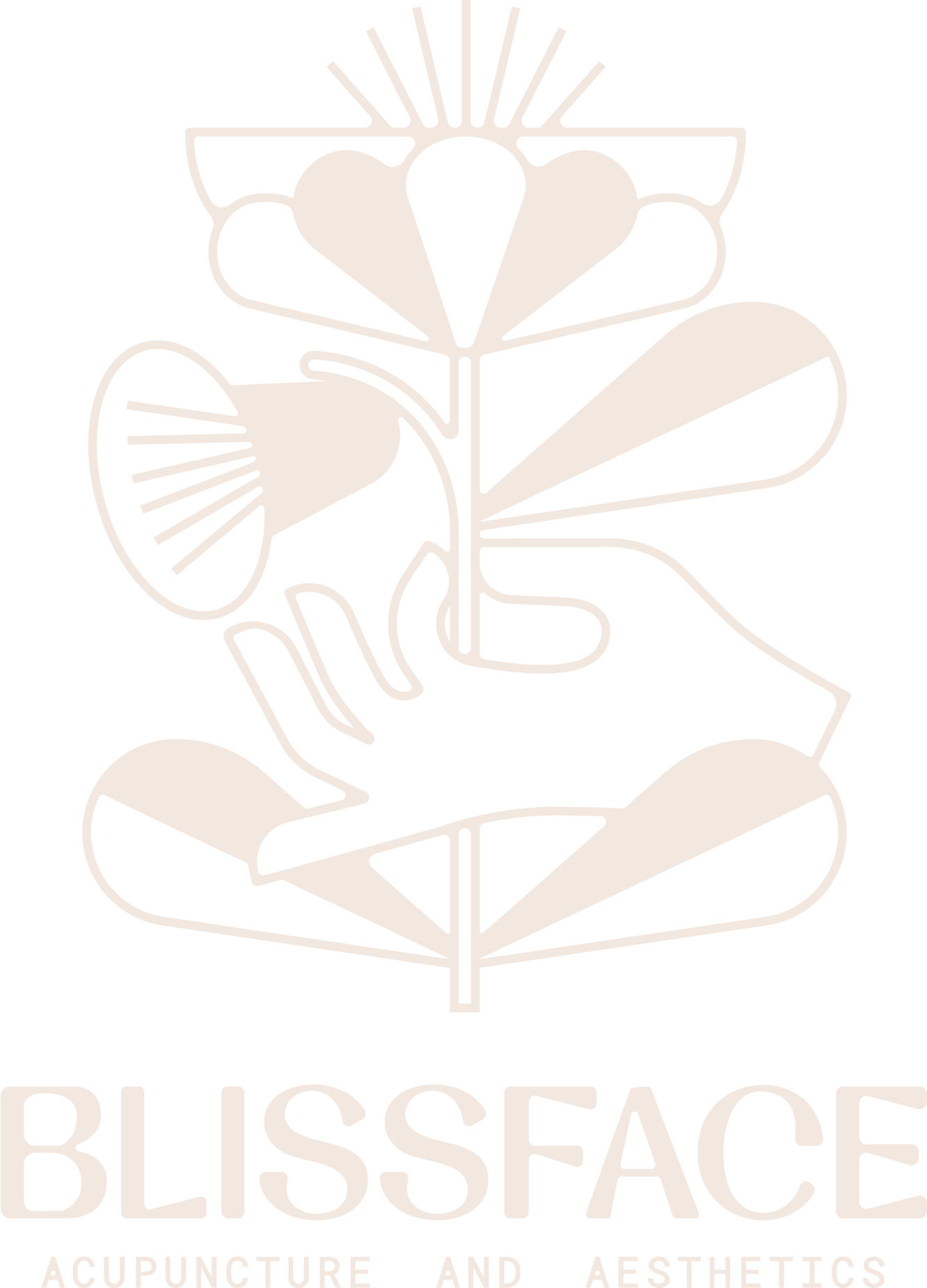 Black background with a white line drawing of a meditative person sitting cross-legged, with a flower extending vertically through their head. The flower has multiple petals and a central cone-shaped element. The word 'BLISSFACE' appears below, with the subtitle 'ACUPUNCTURE AND AESTHETICS' underneath.