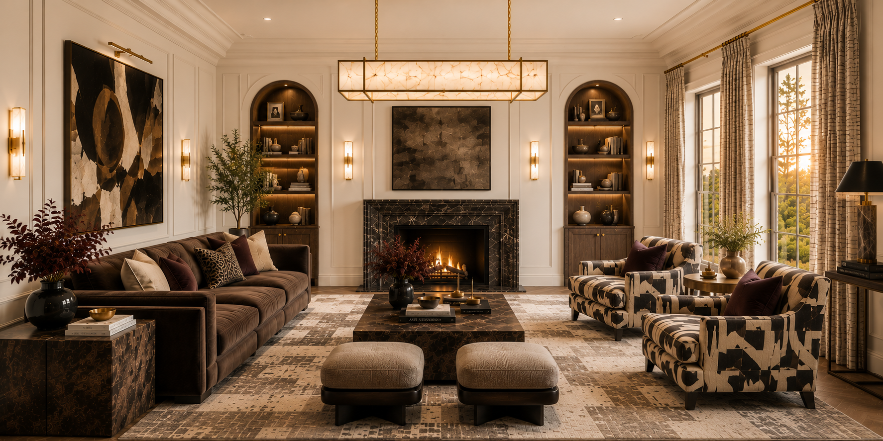 A luxurious living room featuring a large brown sectional sofa, two patterned armchairs, a marble fireplace with a lit fire, and a large rectangular chandelier.