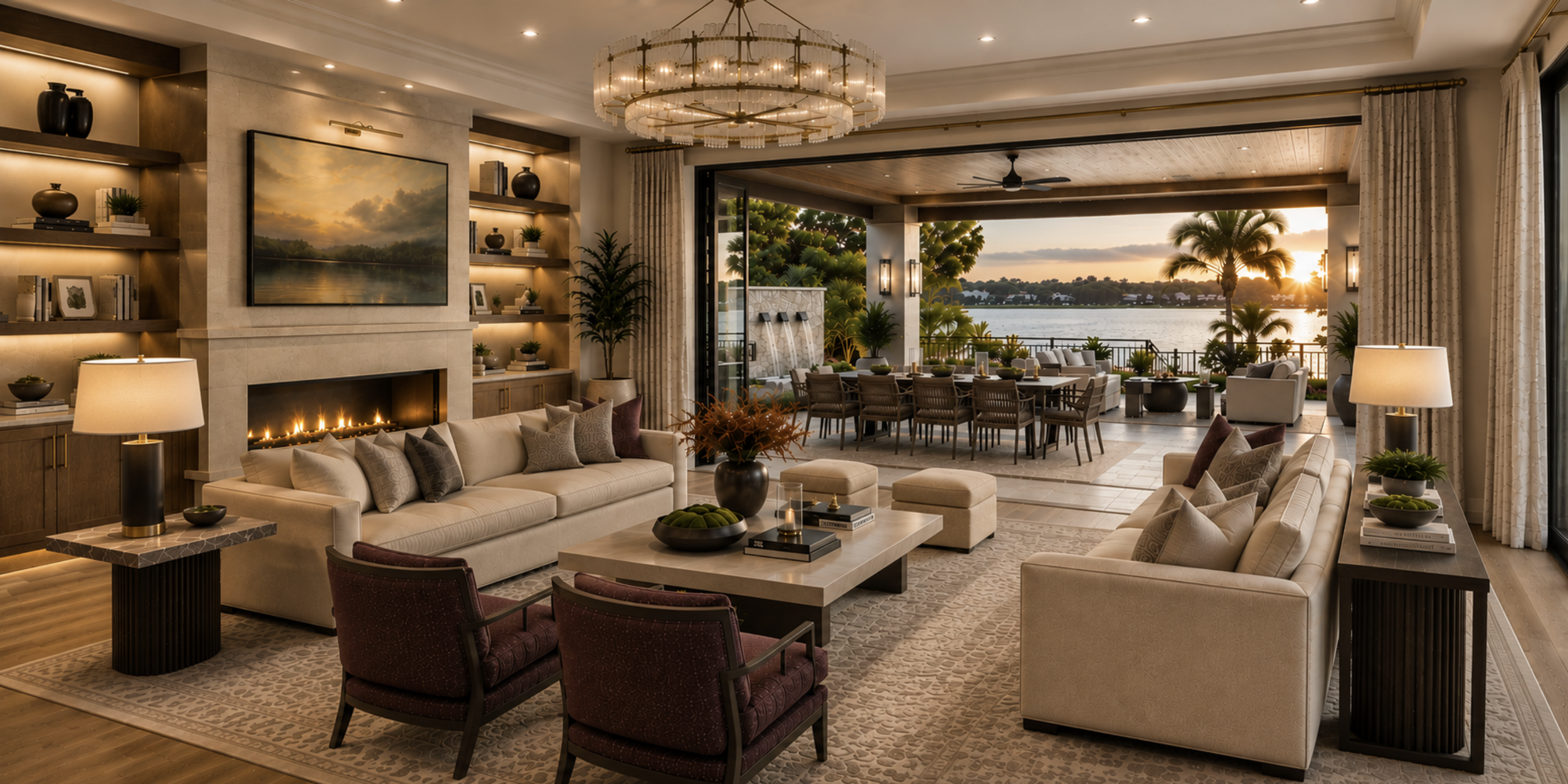 A modern living room with a fireplace and sofas opens to an outdoor dining area with a water view at sunset.