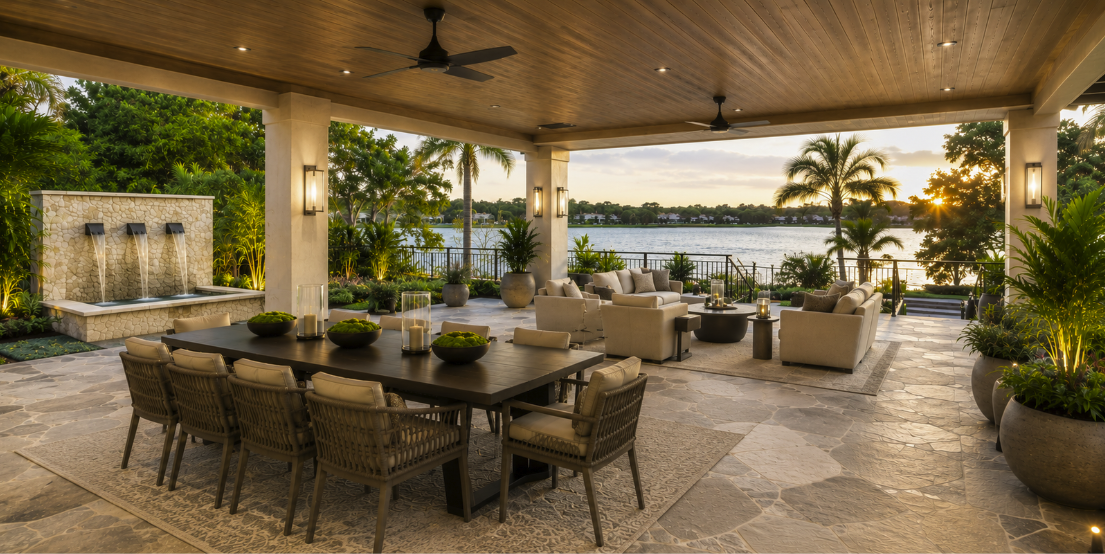 An elegant outdoor patio with a large dining table and chairs, a comfortable seating area, and a water fountain, overlooking a serene body of water at sunset.