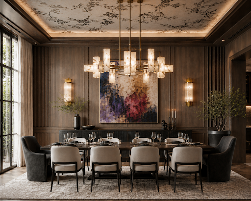 A luxurious dining room featuring a large wooden table set for a meal, surrounded by upholstered chairs, with a striking abstract painting on the wood-paneled wall and a modern chandelier overhead.