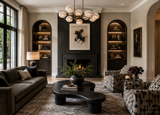 A modern living room with a dark gray sofa, two patterned armchairs, a black abstract fireplace, and built-in bookshelves on either side of the fireplace.