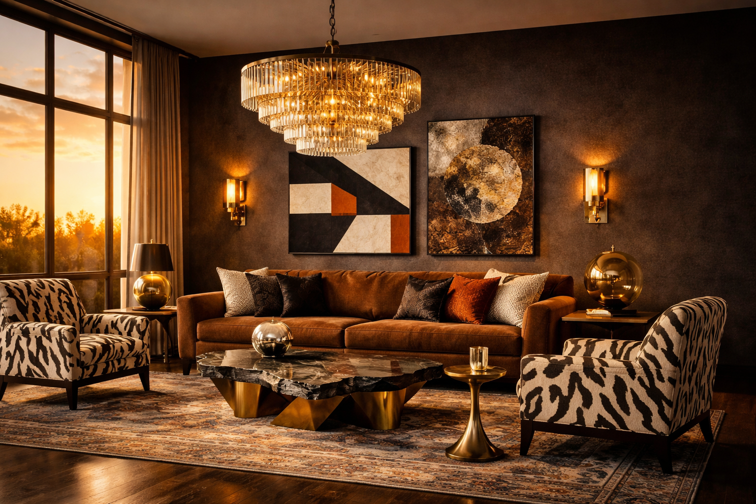 A luxurious living room features a large tiered crystal chandelier, a dark wood paneled wall, a beige sofa with colorful throw pillows, and a modern fireplace.