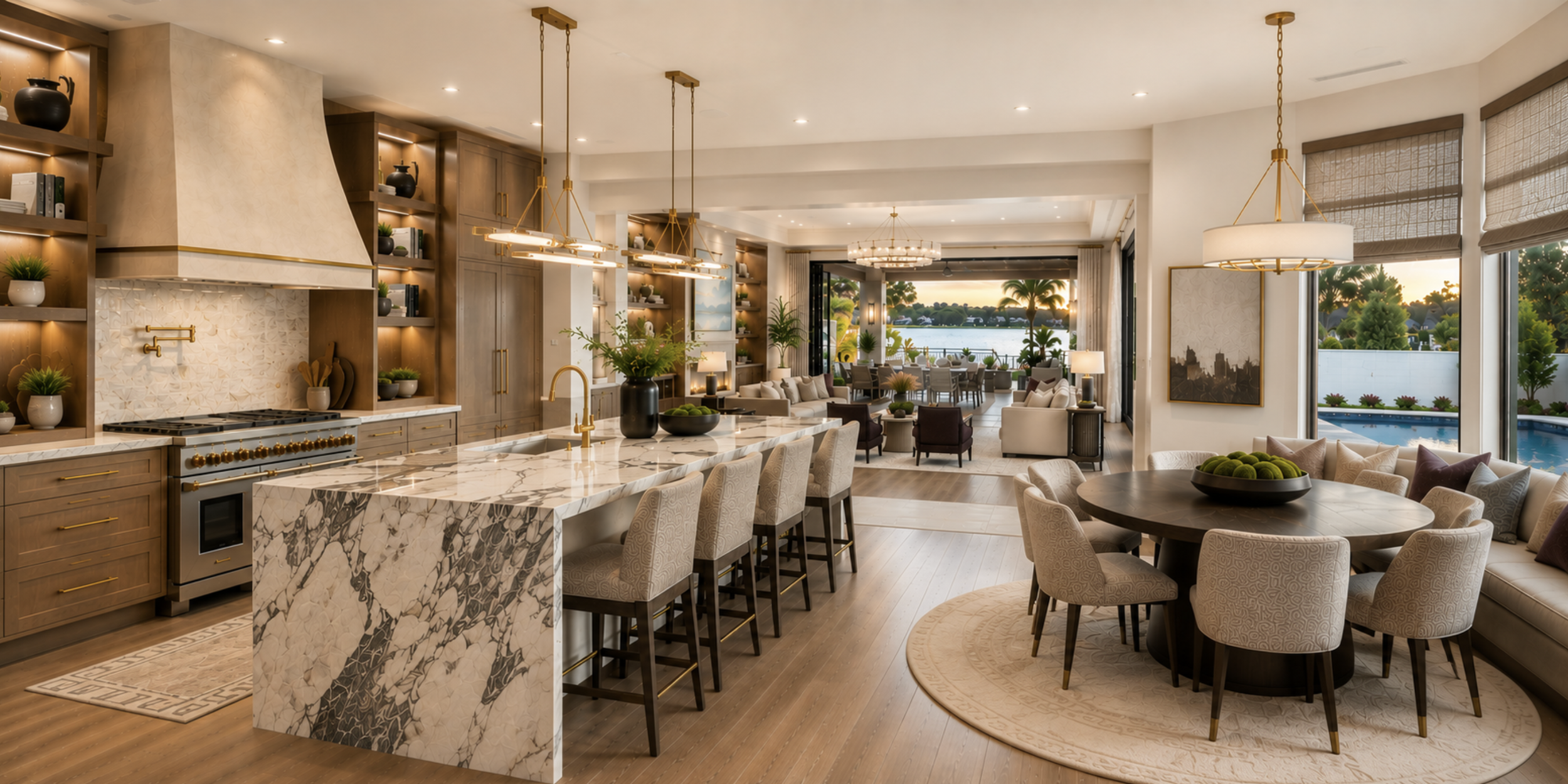 A luxurious open-plan kitchen and living area with a large marble island, dining table, and a view of a pool and waterfront at sunset.
