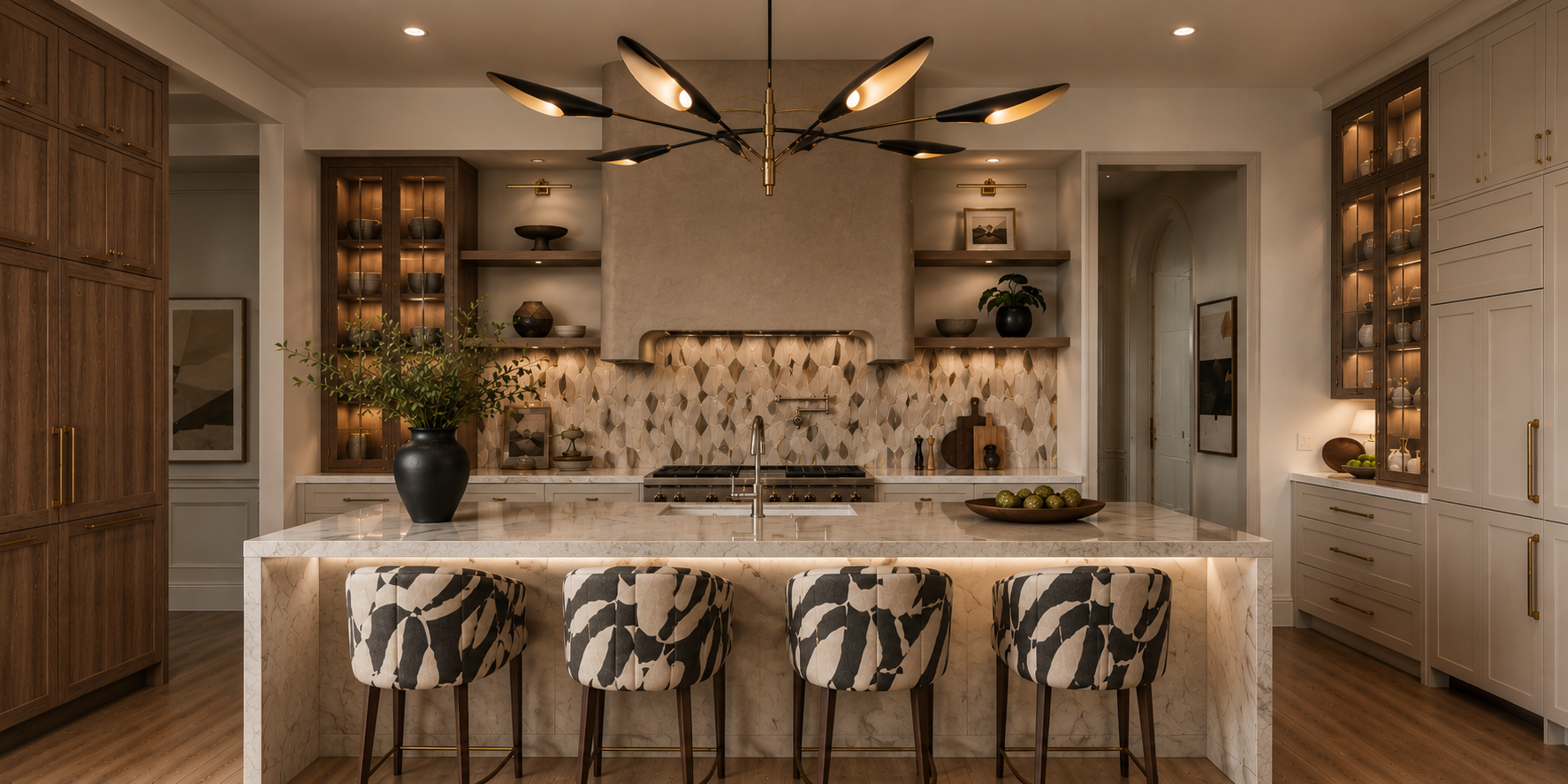 A modern kitchen featuring a large island with patterned bar stools, a tiled backsplash behind a range, and wood cabinetry. A striking chandelier hangs above the island.