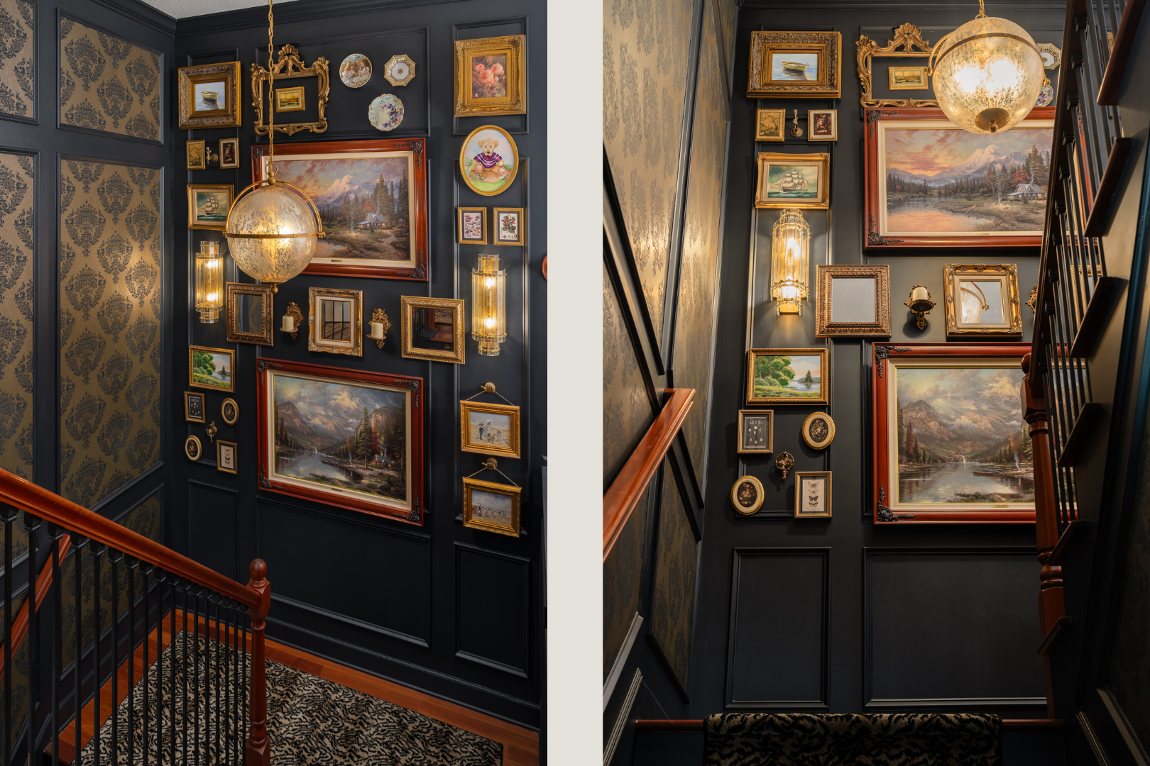 The main wall features a crowded gallery of eclectic framed art and decorative plates, illuminated by gold sconces and a globe pendant light. To the left, the wall is accented with dark damask wallpaper, and the stairs have an animal print runner.