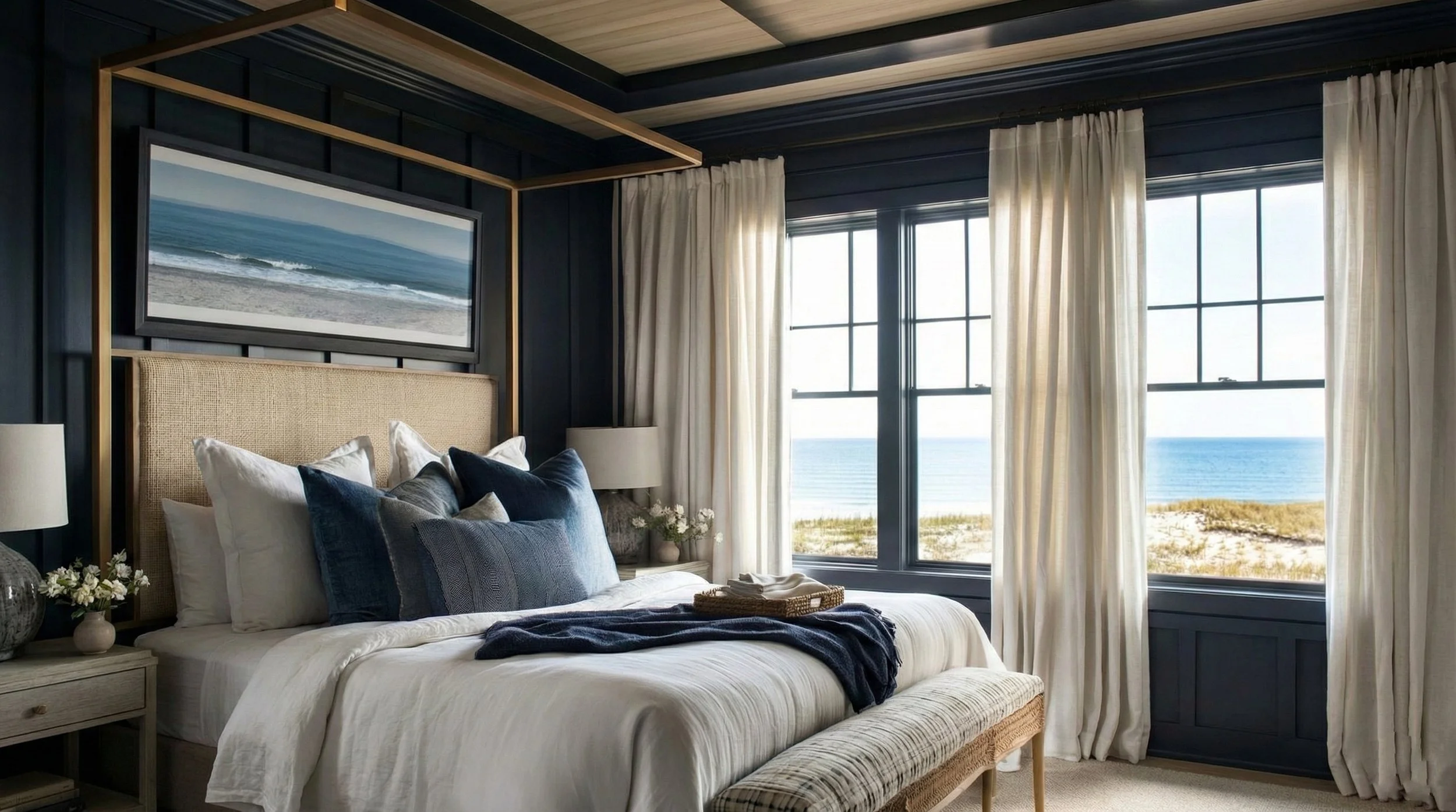 Coastal transitional modern interior design bedroom with modern canopy, paneled walls with dark blue paint, floor to ceiling sheer curtains, upholstered bench, slatted wood ceiling, and windows with an ocean view