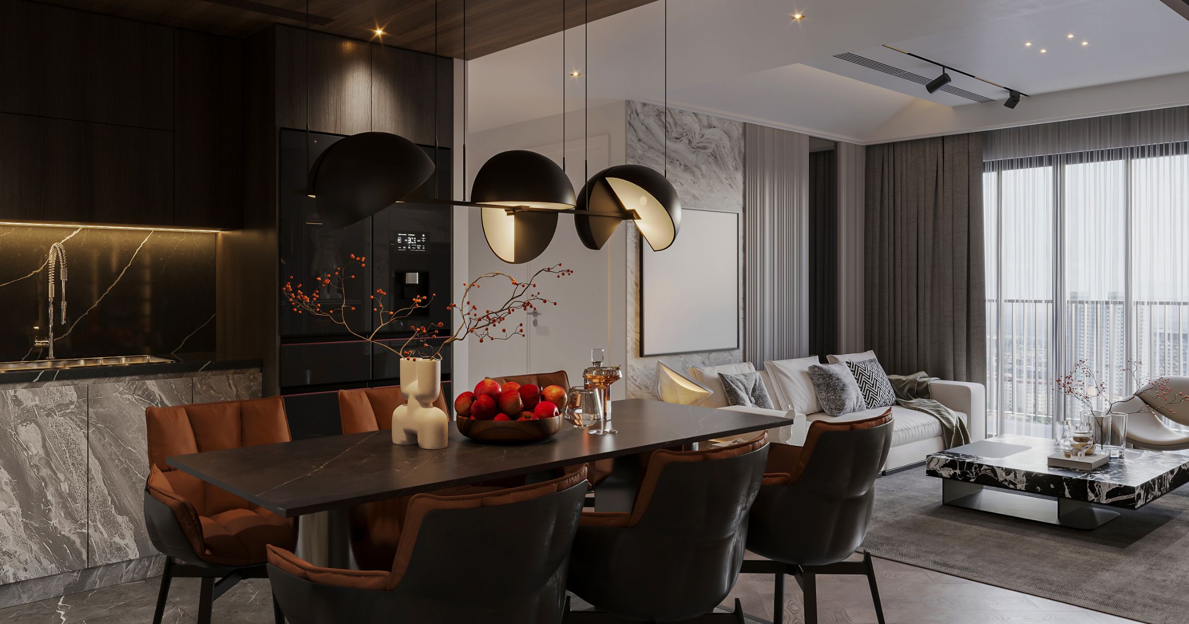 A modern dining room and living room area with a dark wood dining table, plush chairs, a white sofa, and a marble coffee table, illuminated by stylish pendant lights.