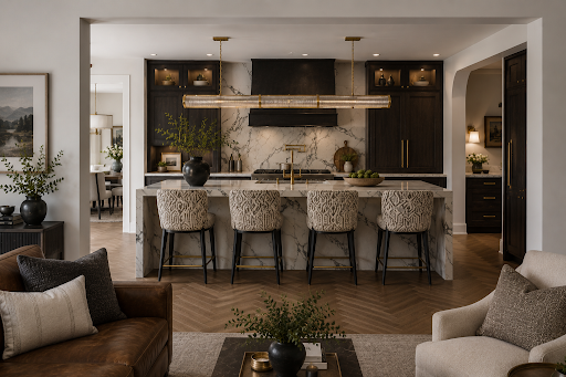 A modern kitchen with dark wood cabinets, marble backsplash, and a large island with four patterned bar stools. A long, linear chandelier hangs above the island.