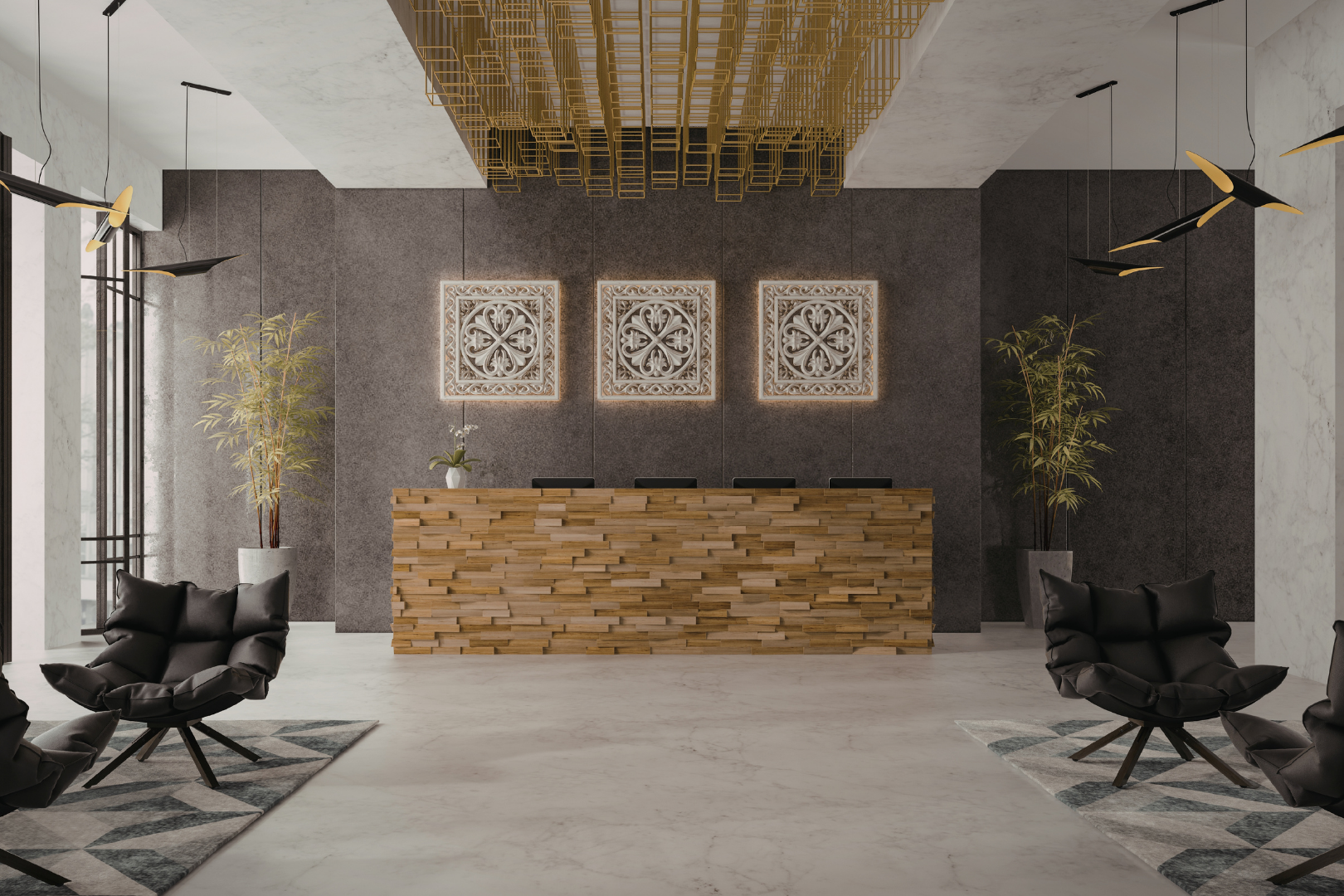 A modern reception area with a wooden reception desk, three square decorative panels on the wall, and black lounge chairs with patterned rugs on the floor. Tall potted plants flank the desk, and contemporary pendant lights hang from the ceiling.