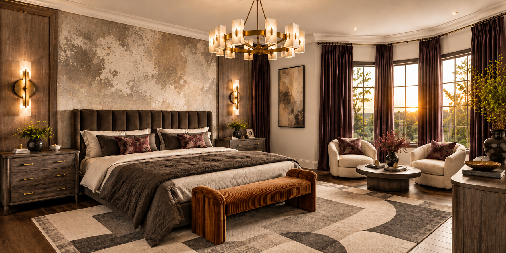 A luxurious bedroom with a large bed, plush seating area, and a scenic view of a sunset through bay windows. The room features a distressed textured wall, a modern chandelier, and elegant drapery.
