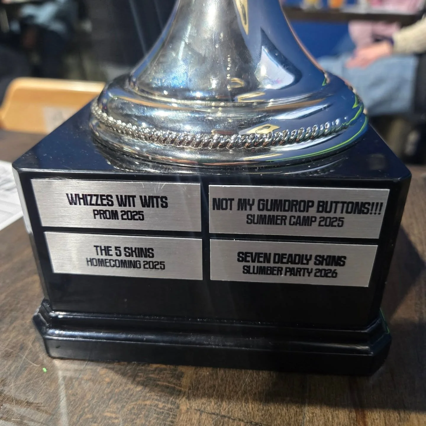 Fun fact that seems impossible to be true.

In nearly a decade of Quizzing with us all across the city, "The Skins" somehow won back to back LunchMoney Championships before they managed to win consecutive weekly games at our bar locations.

