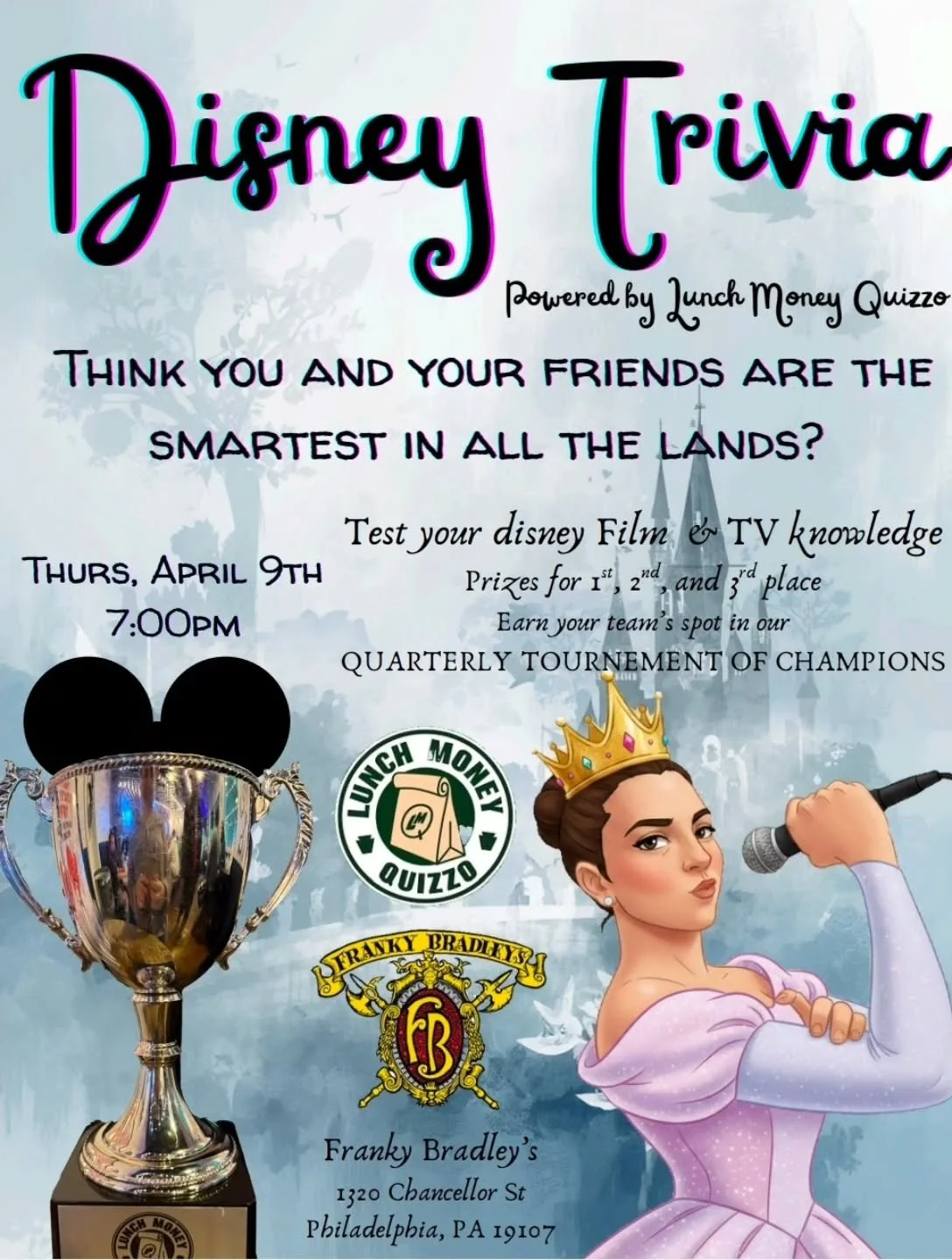 New Quizzo alert!

And we are doing it big. 

Join our host @hoopninjadayna as we kick off a new chapter of LunchMoney Quizzo at @frankybradleys with a Disney trivia event on April 9th!