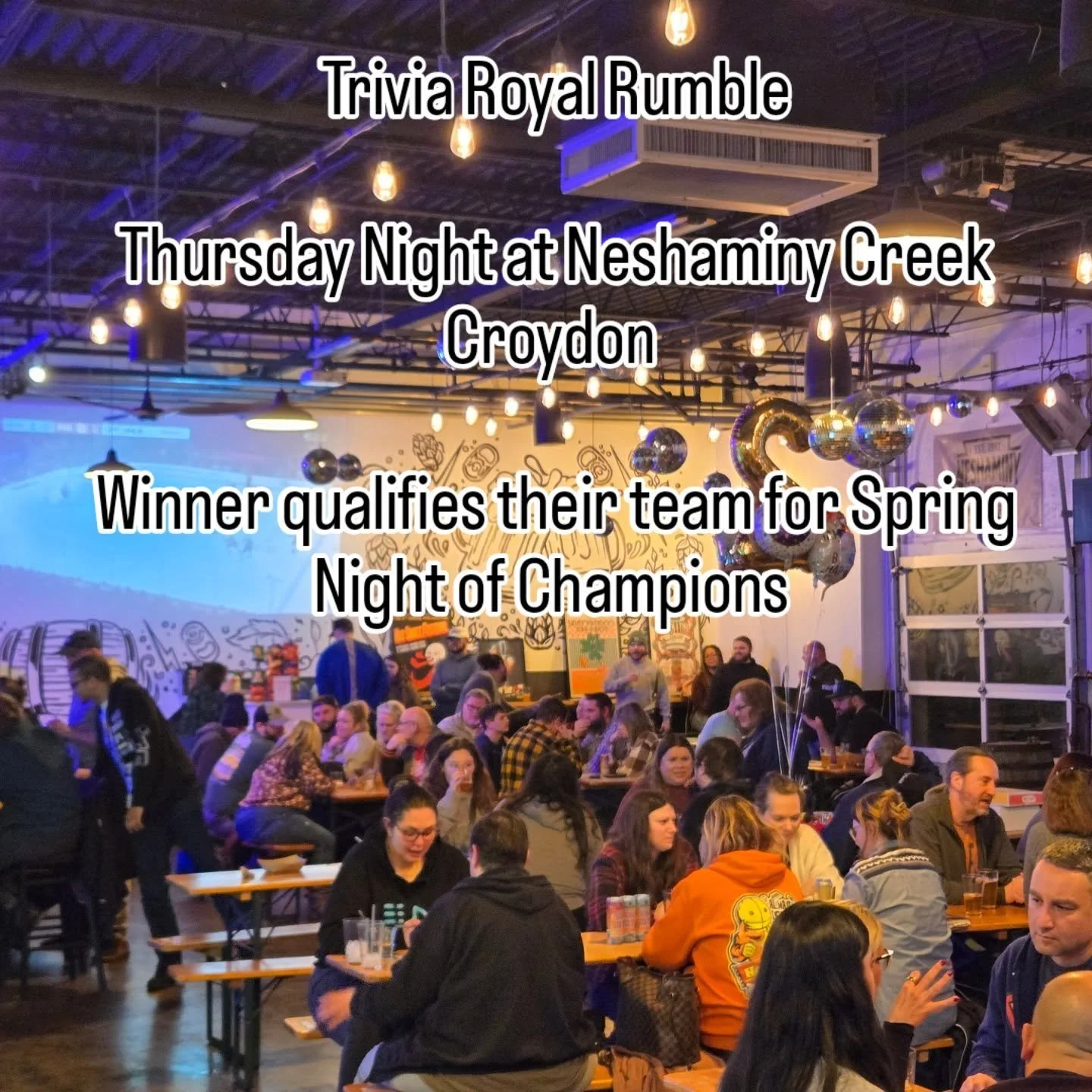 Its the greatest game in the Philadelphia Quizzo community, and tomorrow night it is back.

Our April Royal Rumble is back, Thursday night at @neshaminycreekbrewingco 

Quizzo begins at 730.  The Rumble should start by 9.

2 dollars to enter.  Winner