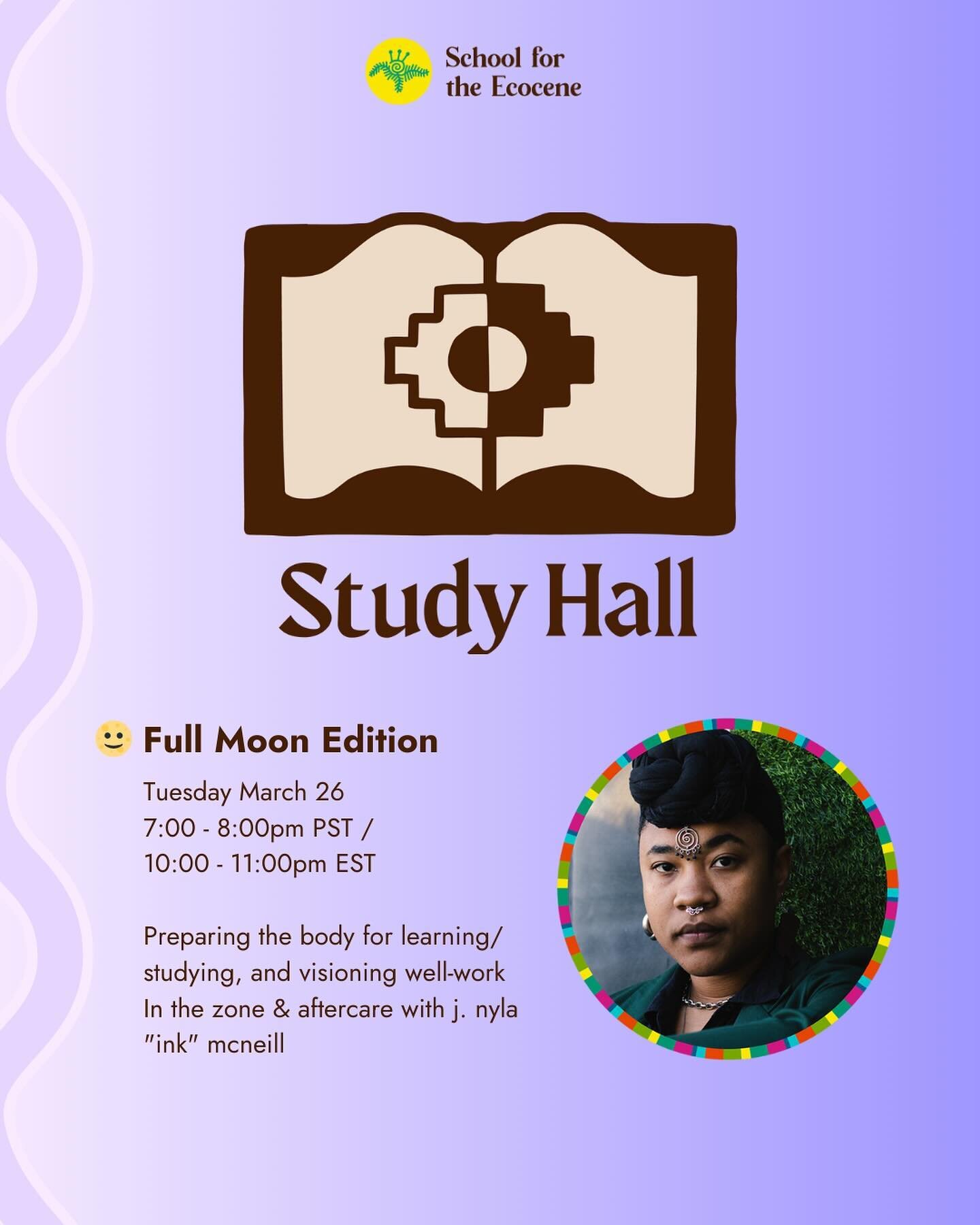 🌝 Dip into our first virtual Full Moon Study Hall this coming Tuesday, March 26th at 7 pm PST / 10 pm EST with DIY PhD polymath, poet, and transformation consultant @j.nylamcneill 

🌀j. nyla &ldquo;ink&rdquo; mcneill will offer a skill-share on pre