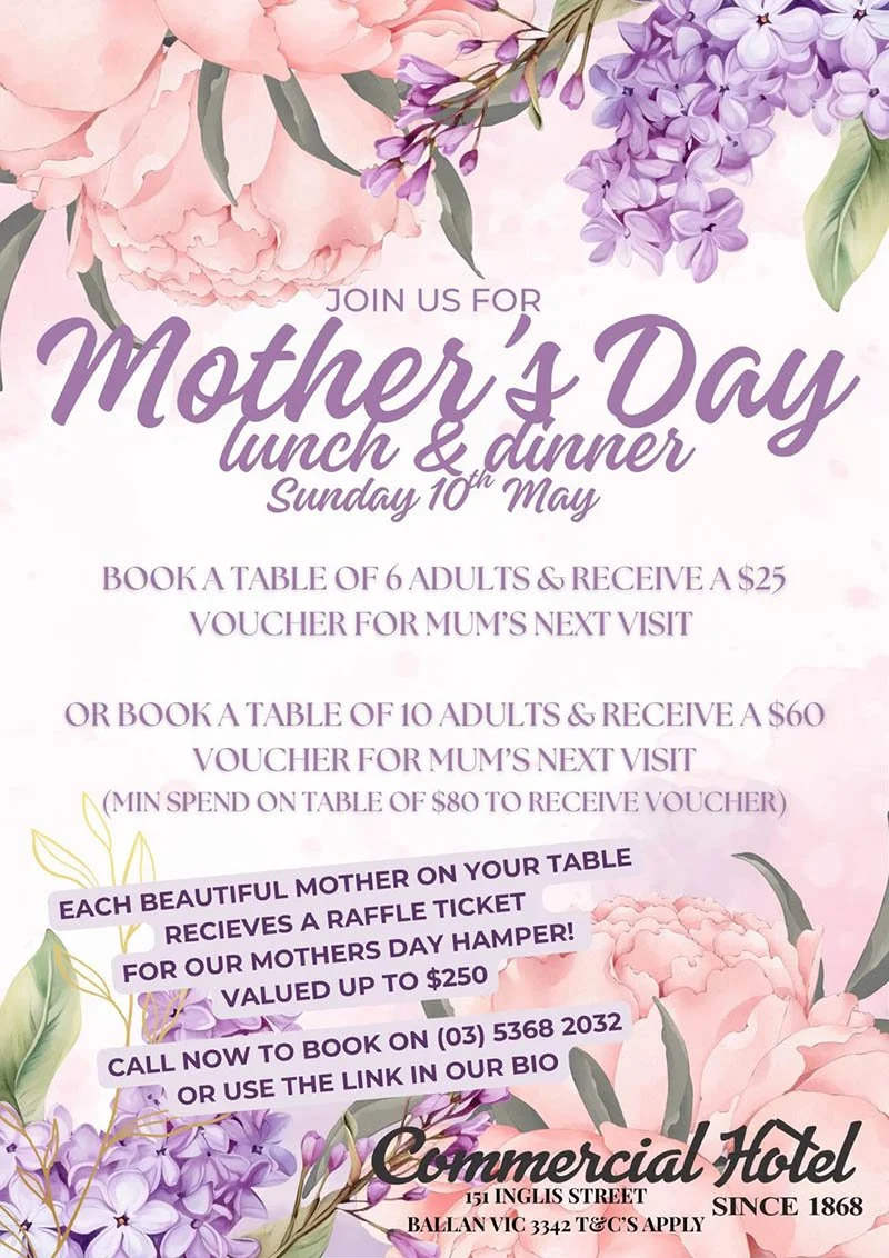 Mother's Day 2026 at the Commercial Hotel, Ballan