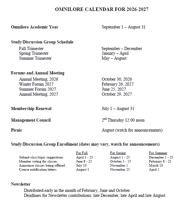 important dates in the Omnilore academic year