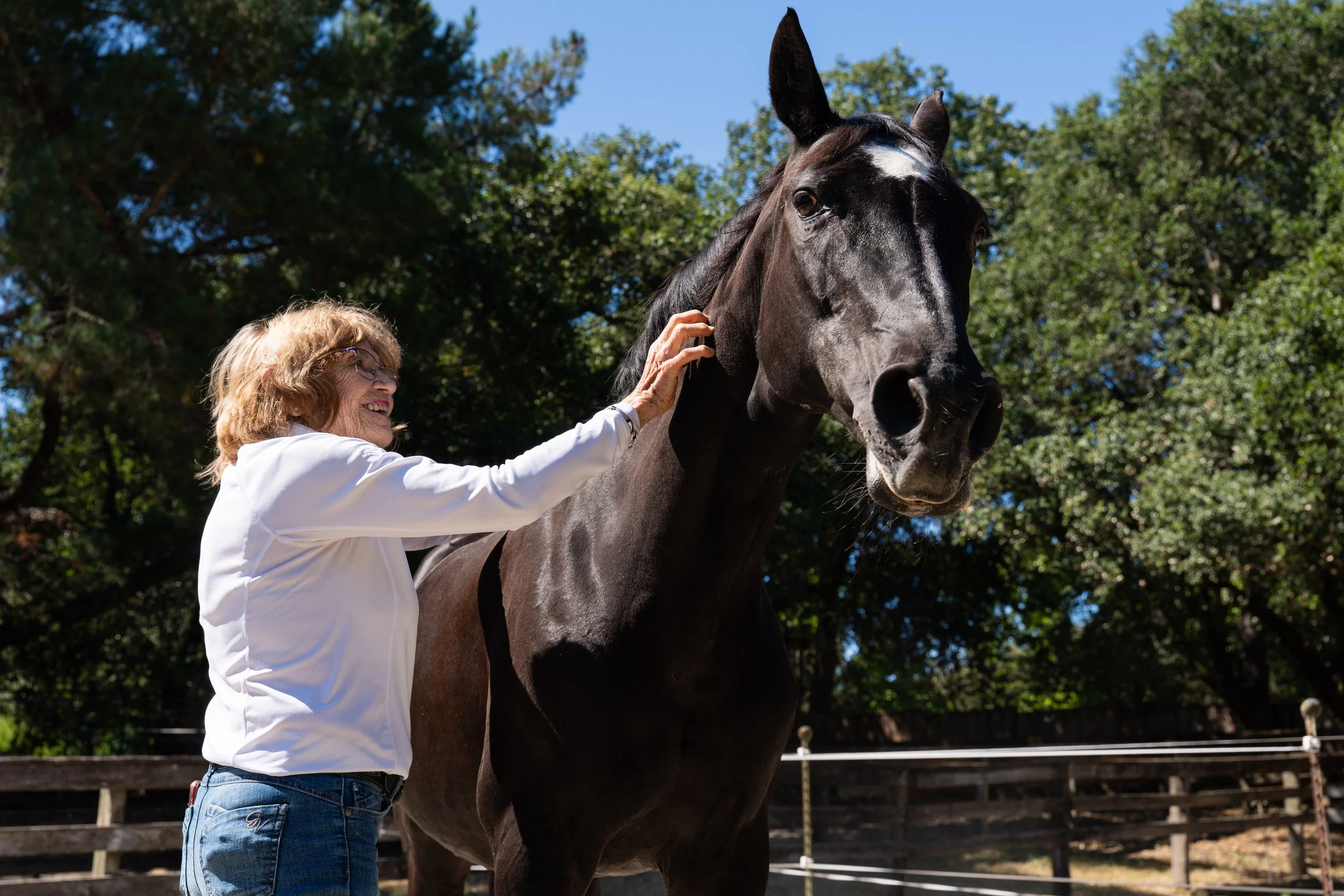 Jo Egenes pets her horse, Flora, at her home in Woodside on June 25, 2026. Photo by Michael Molcsan.
