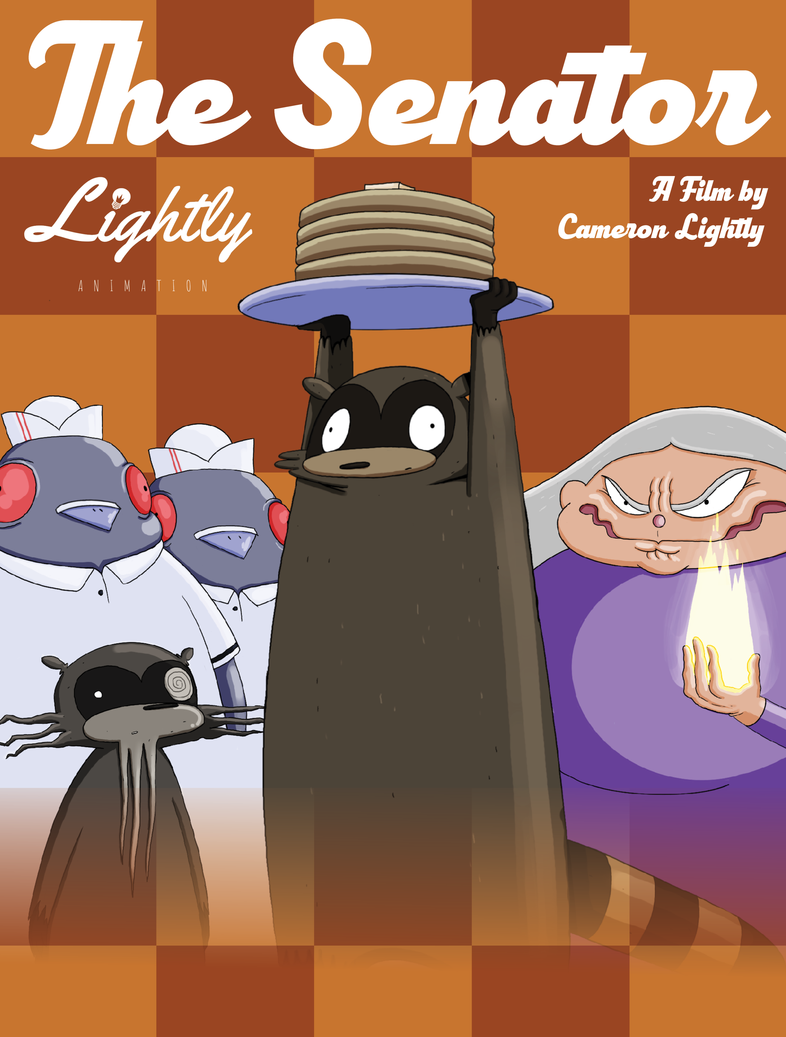 Animated characters from 'The Senator Lightly' film, including a raccoon holding a pancake stack, a small creature with a snail shell, a villainous woman with glowing hands, and robotic characters in the background.