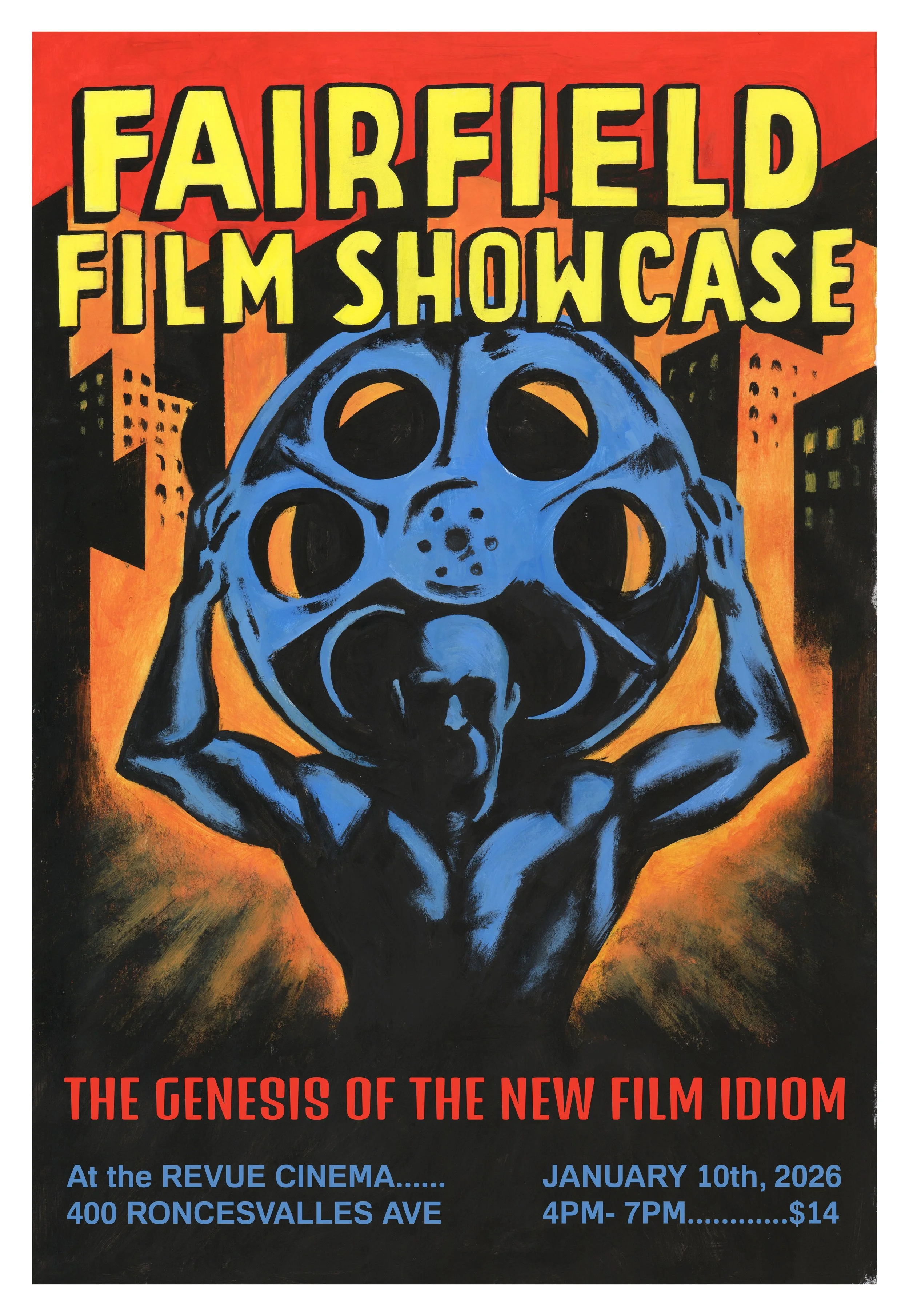 Poster for the Fairfield Film Showcase featuring a figure holding a large, surreal film reel head with cityscape background, event details include date, time, location, and ticket price.