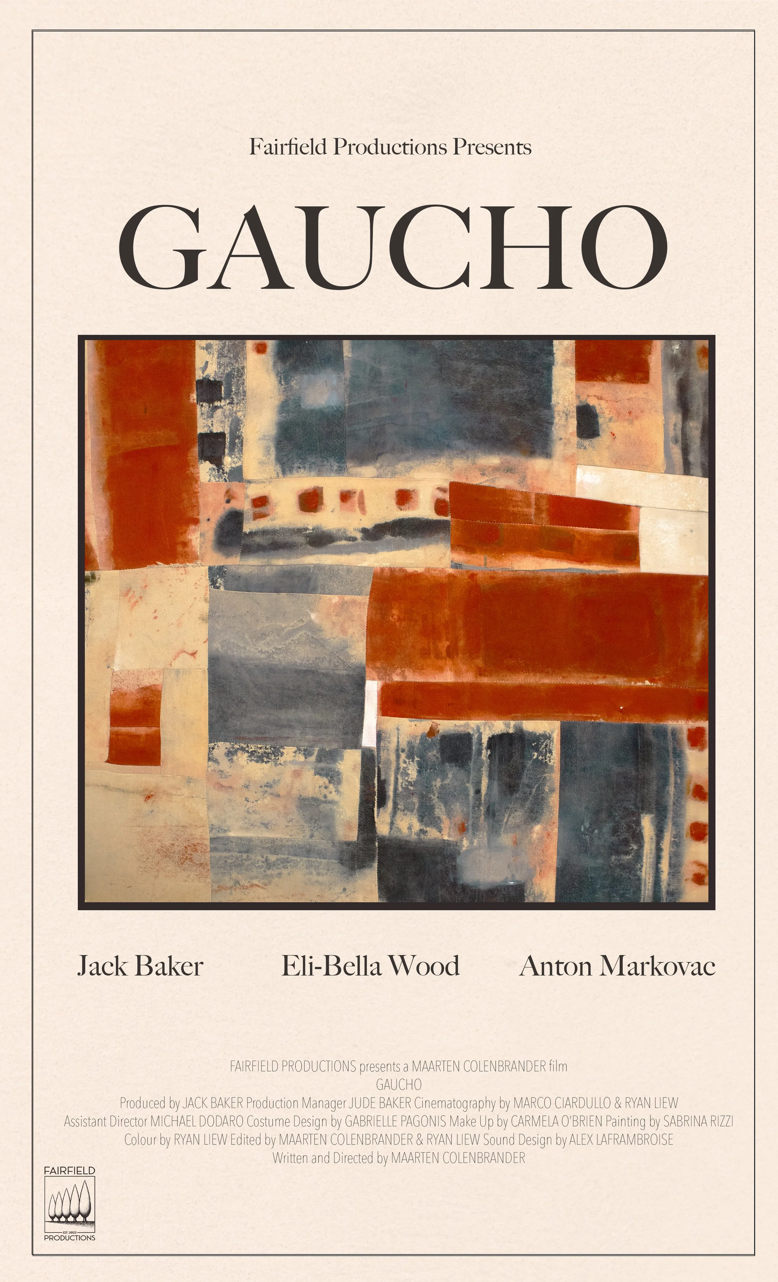 Poster for the film 'Gaucho' with abstract artwork, presenting the cast Jack Baker, Eli-Bella Wood, and Anton Markovac, with production credits at the bottom.