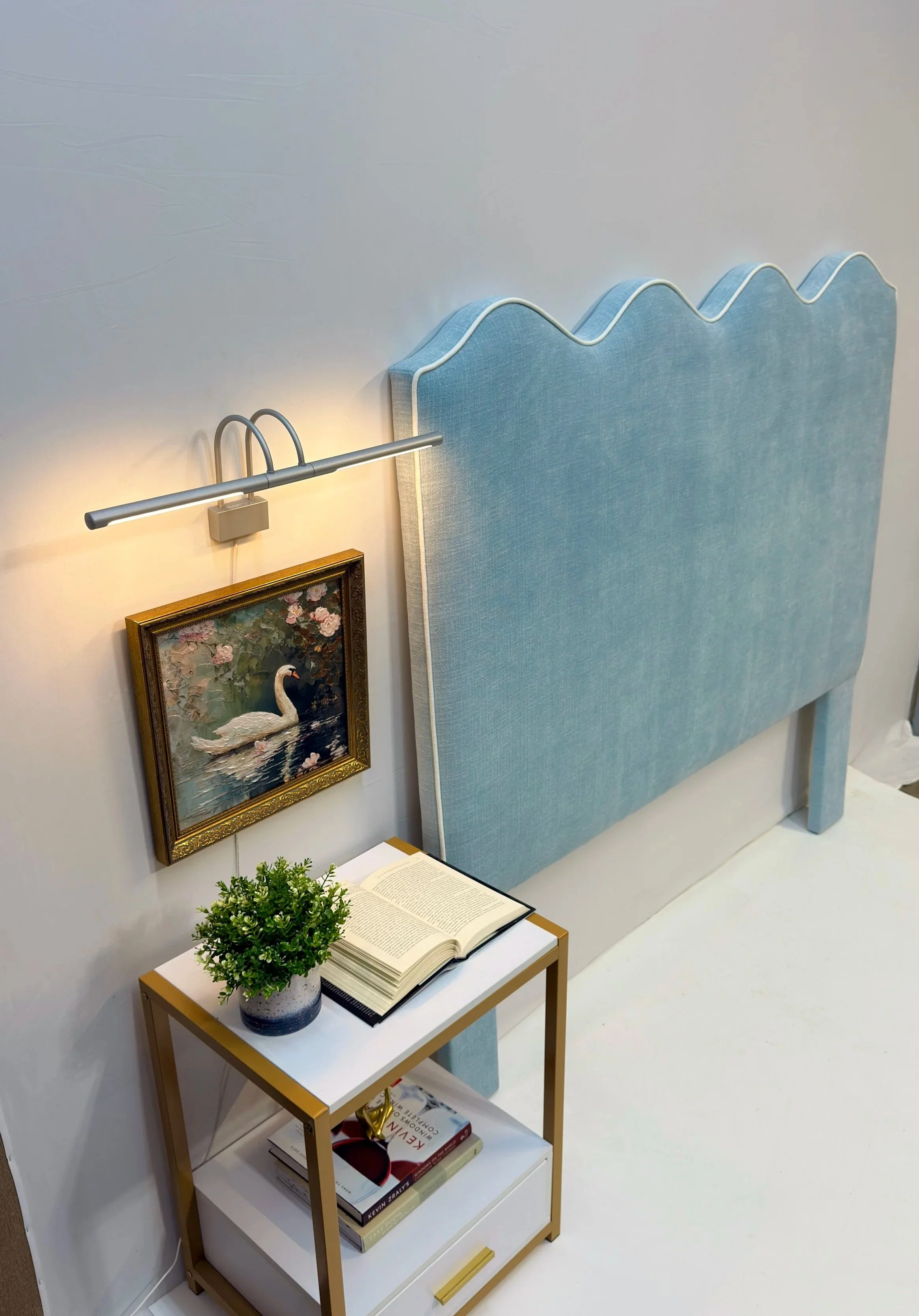 Brand new custom upholstered Queen size headboard. It features a stunning scalloped silhouette wrapped in a high-quality, textured light blue fabric and finished with crisp white contrast piping.