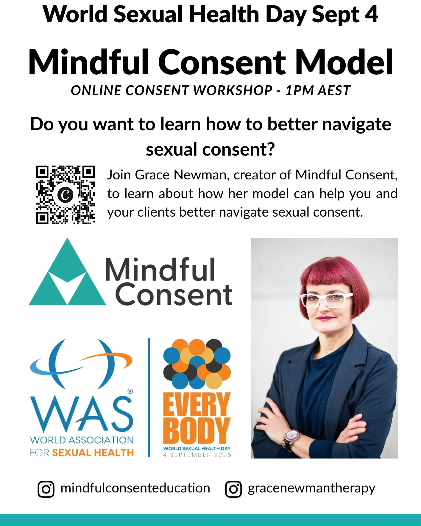 For World Sexual Health Day Sept 4, as part of the World Association for Sexual Health, I am presenting a 30min free online consent workshop at 1300hrs AEST. I will present the Mindful Consent model, take attendees through a somatic exercise, then an