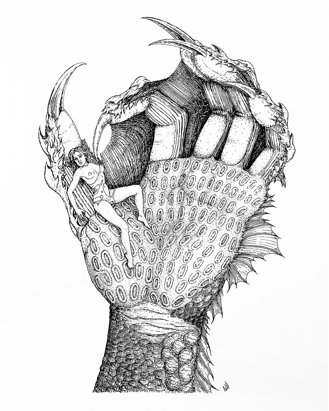"In the Hand of the Creature," 2021. 14" x 17." Micron pen on mixed-media paper.