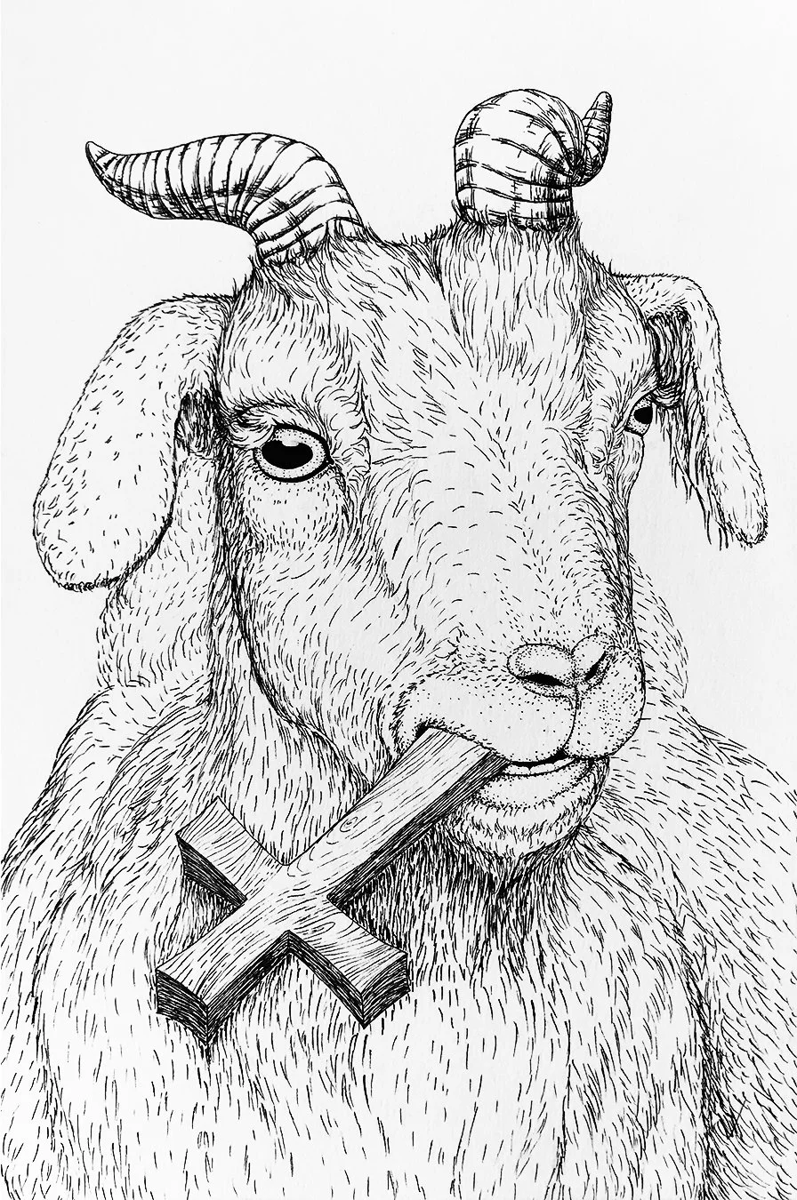 "The Goat," 2021. 8" x 12." Micron pen on mixed-media paper.