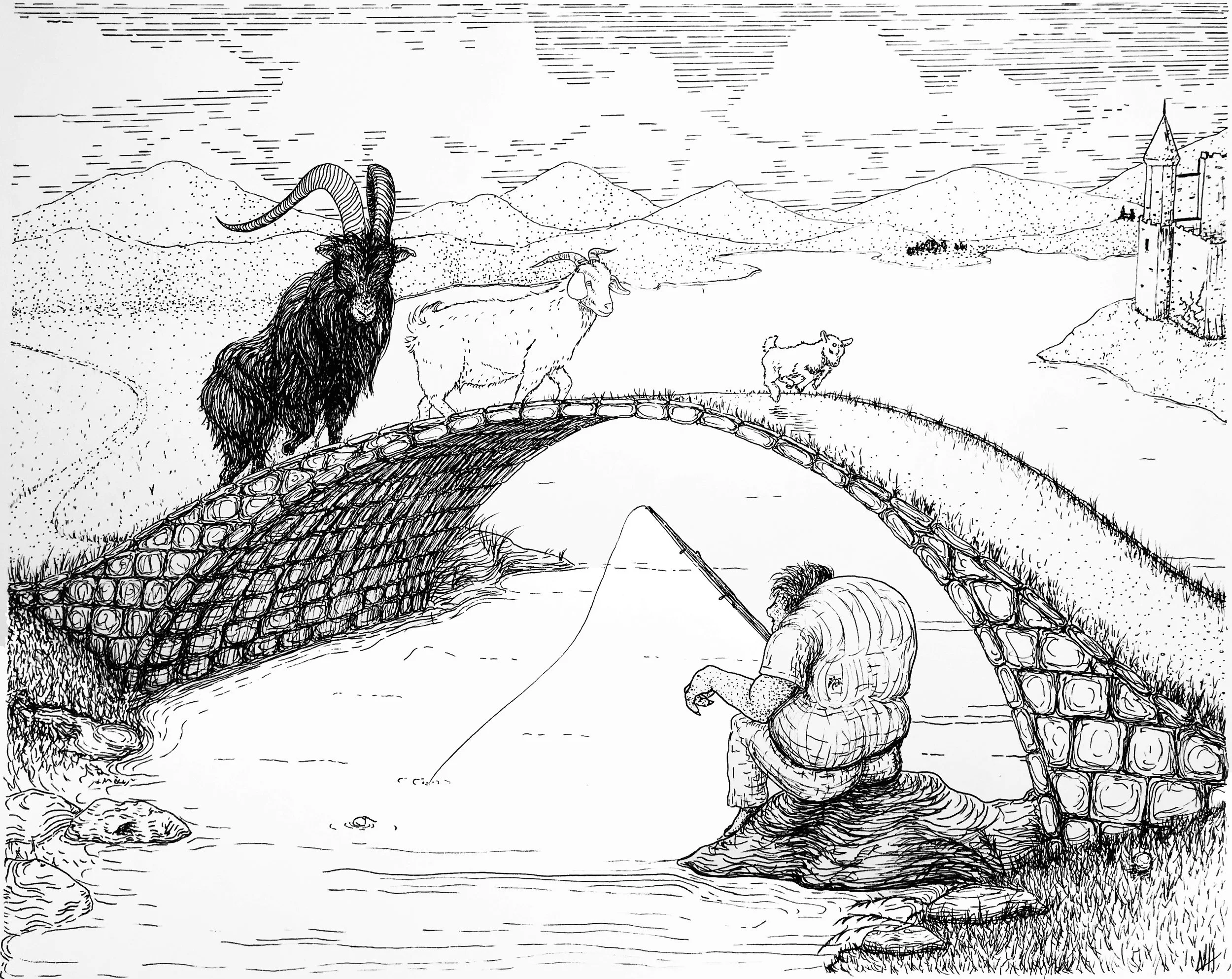 "Billy Goat's Gruff," 2020. 15" x 12." Micron pen on mixed-media paper.