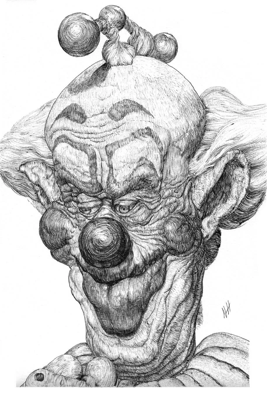 "A Killer Klown From Outer Space," 2022. 8” x 12.” Ballpoint pen on mixed-media paper.