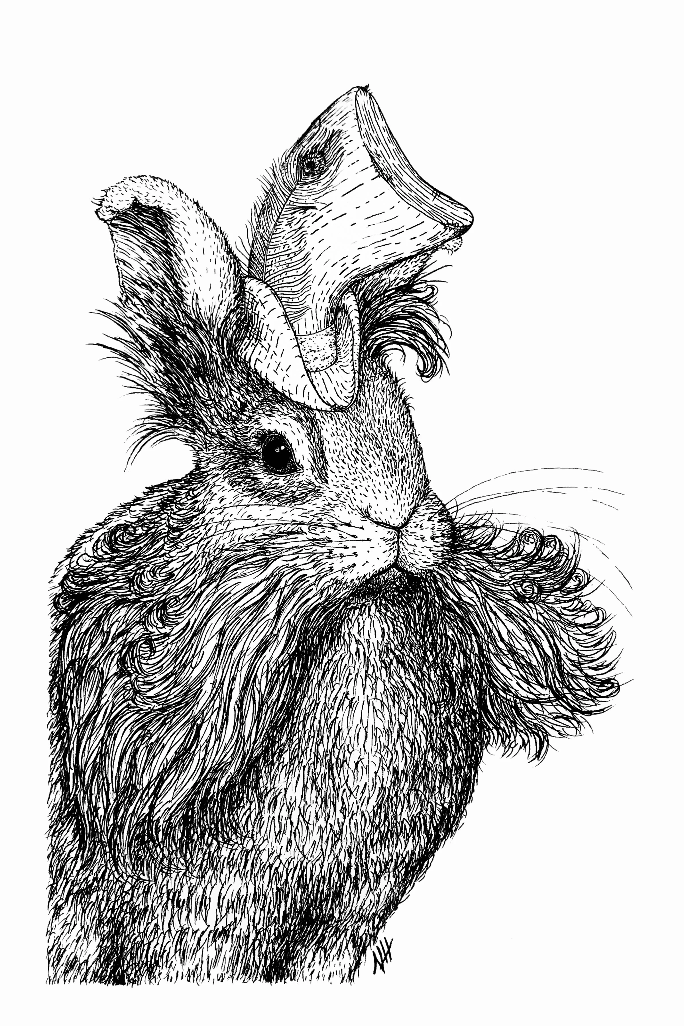 "Sir. Basil the GentleBun," 2020. 8" x 12." Micron pen on mixed-media paper.