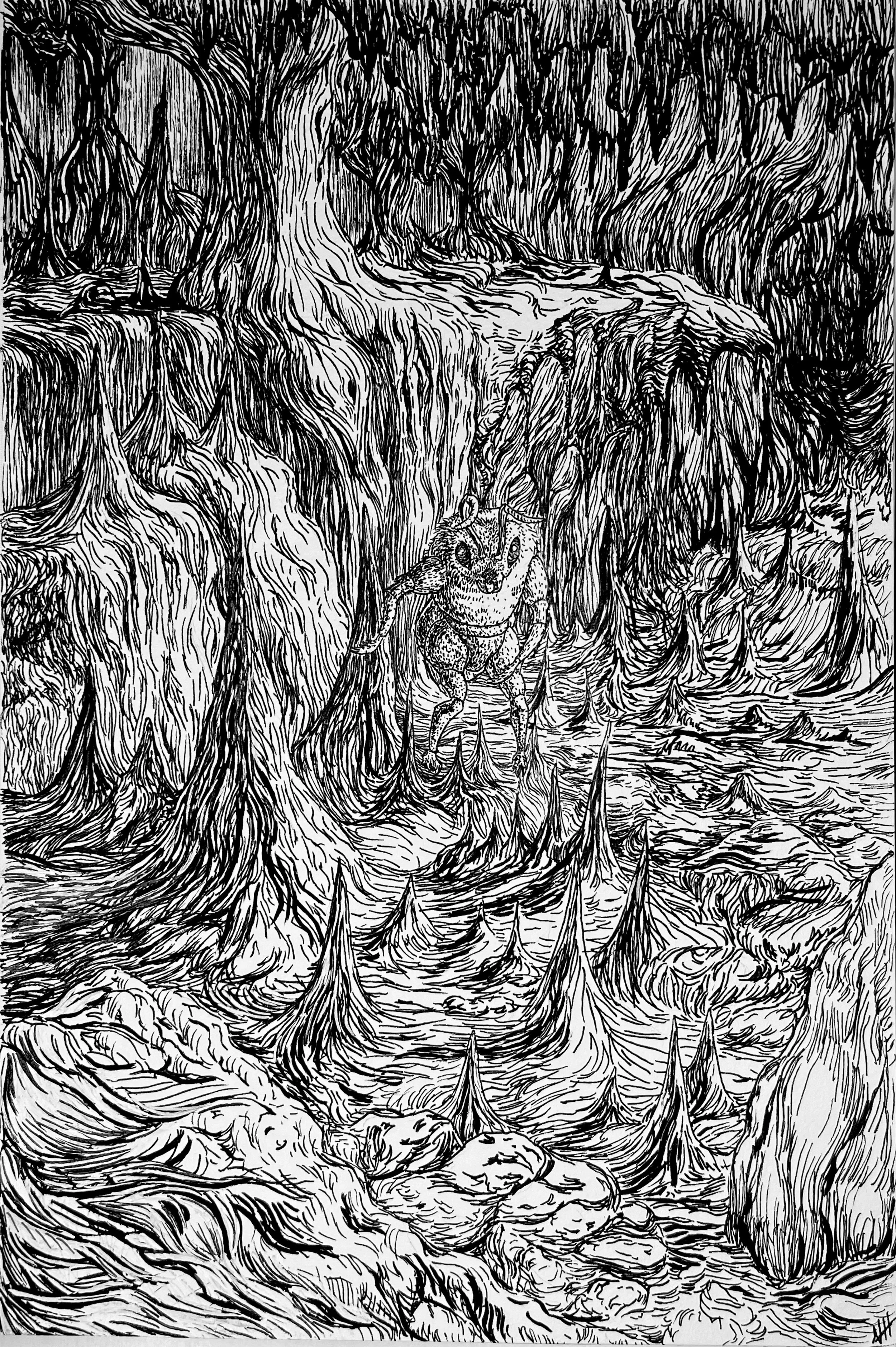 "Stalagmite’s Cavern," 2021. 8" x 12." Micron pen on mixed-media paper.