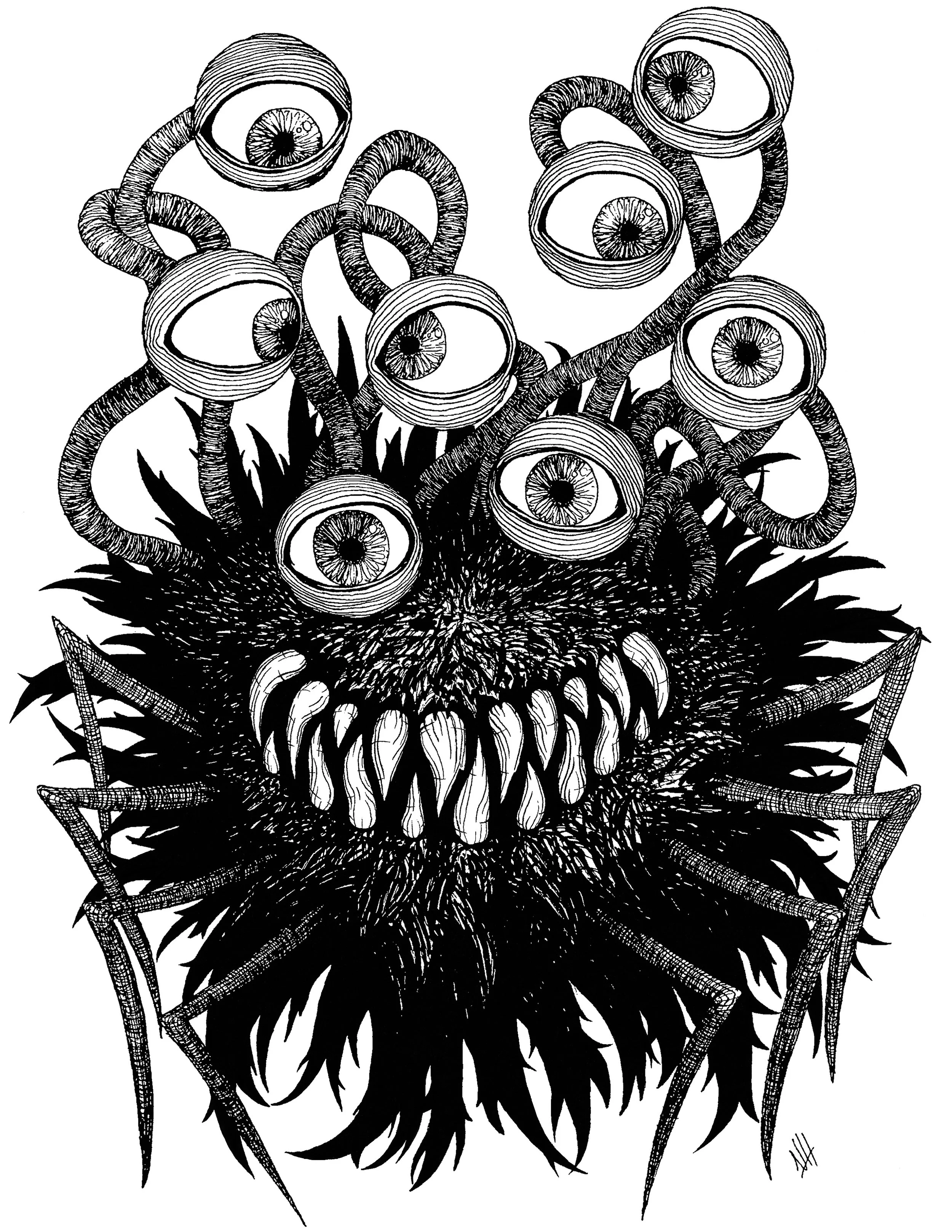 "Eye Ball Monster," 2020. 8" x 12." Micron pen and Copic marker on mixed-media paper.