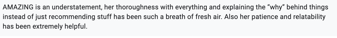Text describing someone's positive qualities, including her thoroughness, patience, relatability, and helpfulness.