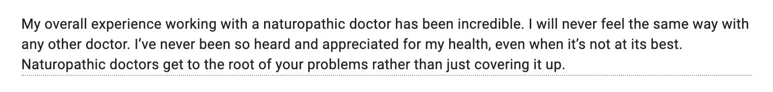 A screenshot of a review for a naturopathic doctor expressing positive experience and appreciation for holistic treatment.