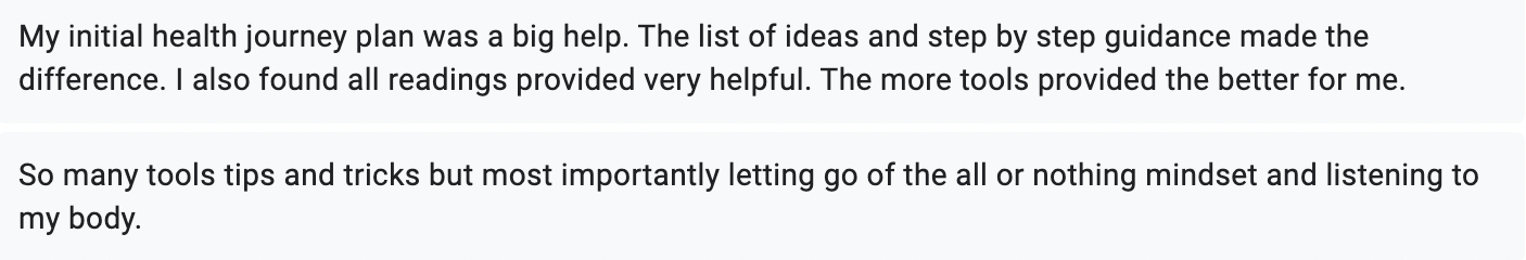 A screenshot of a text document or online post discussing a personal health journey, including ideas and tools that were helpful, emphasizing the importance of letting go of a negative mindset and listening to one's body.