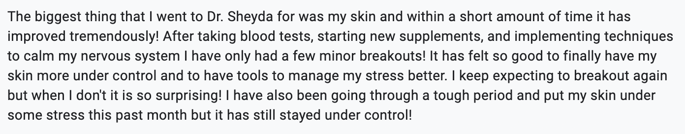 Text about a person's skin improvement journey through medical treatment, supplements, and stress management.
