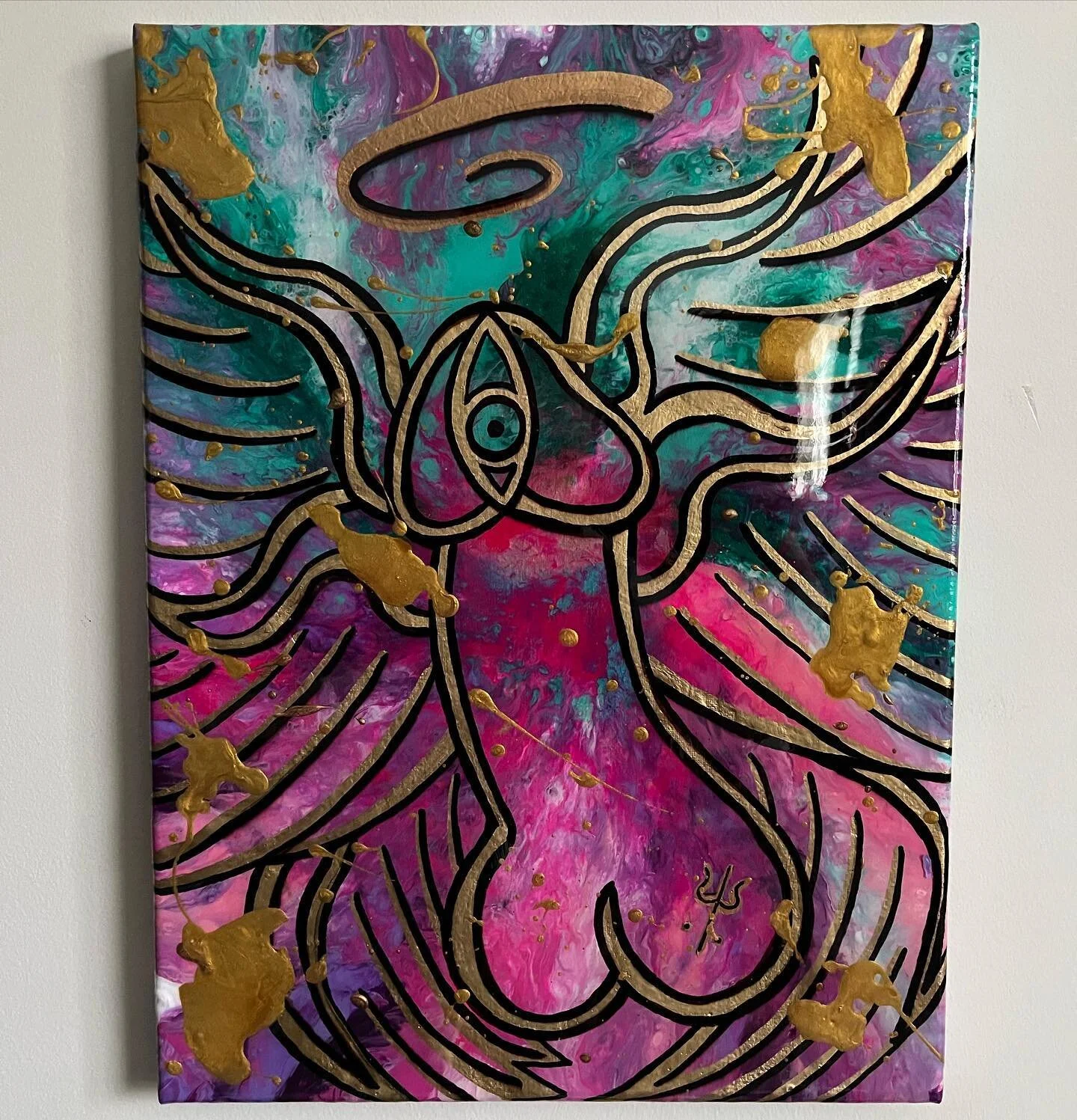 Light as a feather, stiff as a board 🪶
Acrylic on 16&rdquo;x12&rdquo; canvas
(Available)
.
.
.
.
.
.
.
#acrylicpainting #yvr #artwork #painting #paintpouring #fluidart #gold #angles #biblical  #fearnot #stiffasaboard #pink #teal #yvrart