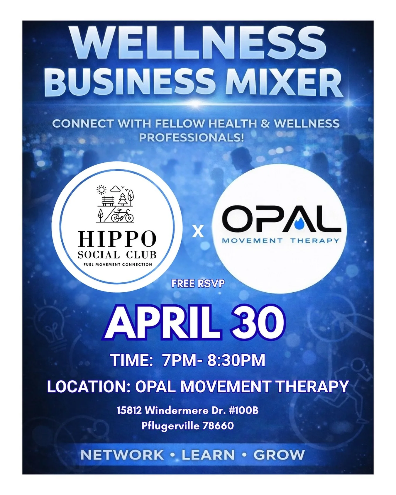 Our Wellness Mixers change locations each month to meet you where you are. Traditional networking is a thing of the past&mdash;we create experiences that truly connect us to one another by curating intentional gatherings.

These experiences offer opp