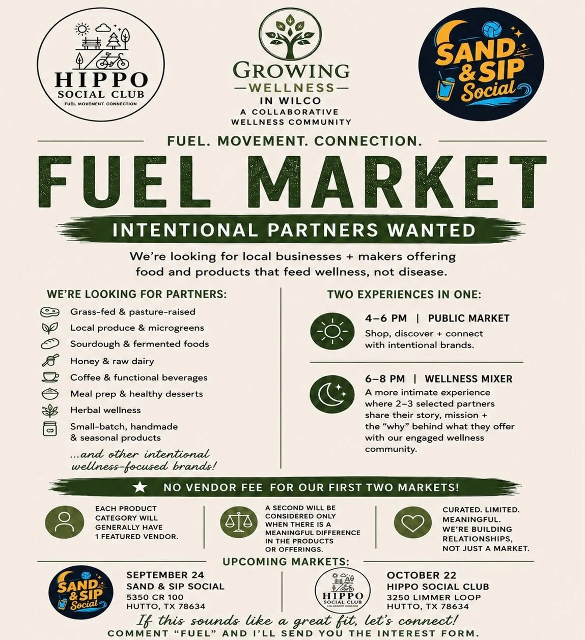 🌿 FUEL MARKET | INTENTIONAL PARTNERS WANTED

This Fuel Market is designed to connect our community with local businesses offering food + products that feed wellness, not diseas&mdash; and we&rsquo;re looking for intentional partners to help us build