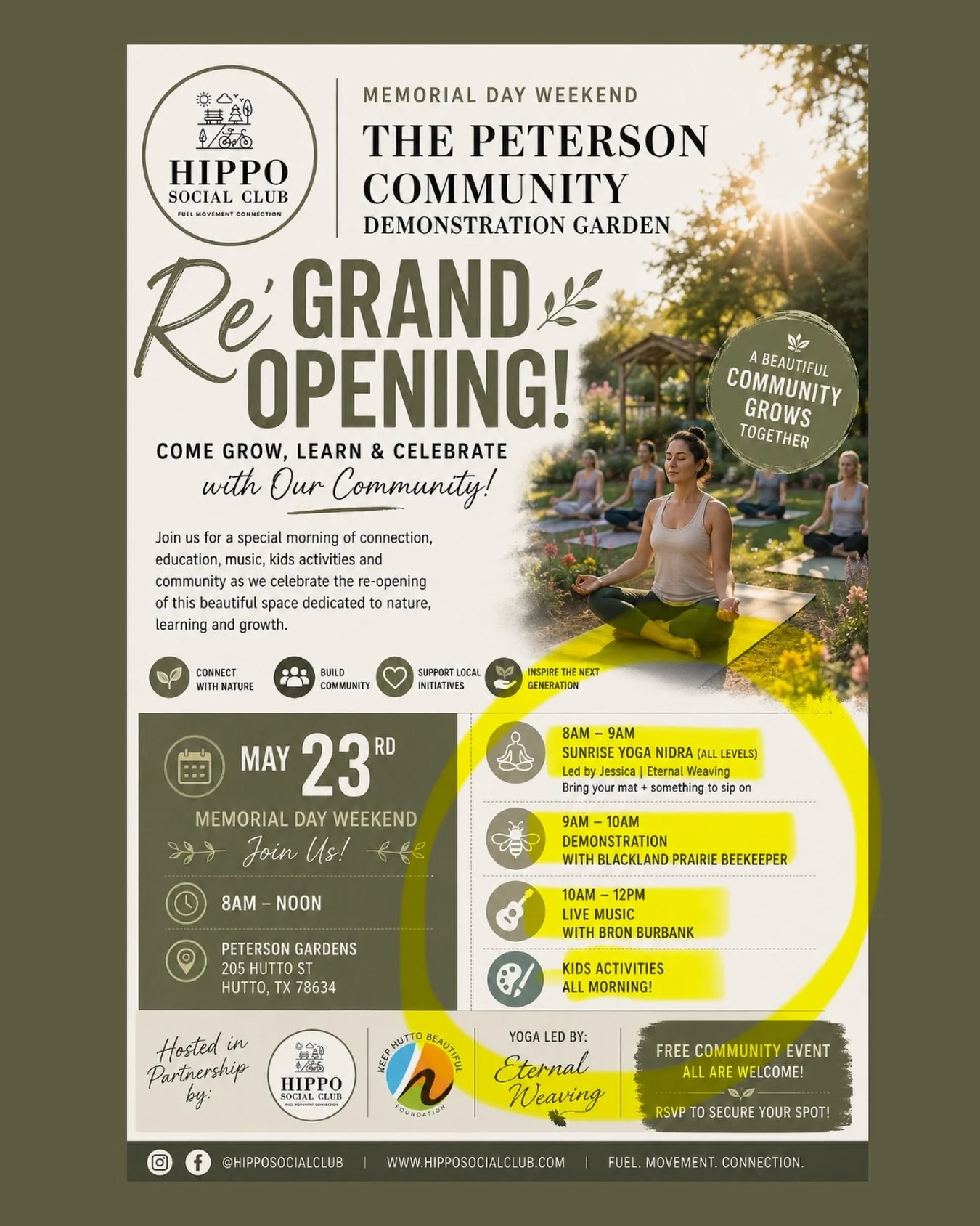Free to the community this Saturday morning!
📍 Peterson Garden Hutto, TX with
@keephuttobeautiful ☀️🐝🪴🌱

RSVP ⬇️ for yoga
Jessica @eternalweaving222 will be offering pranayama aka breath work and Yoga Nidra (which is more exercise of the mind vs.