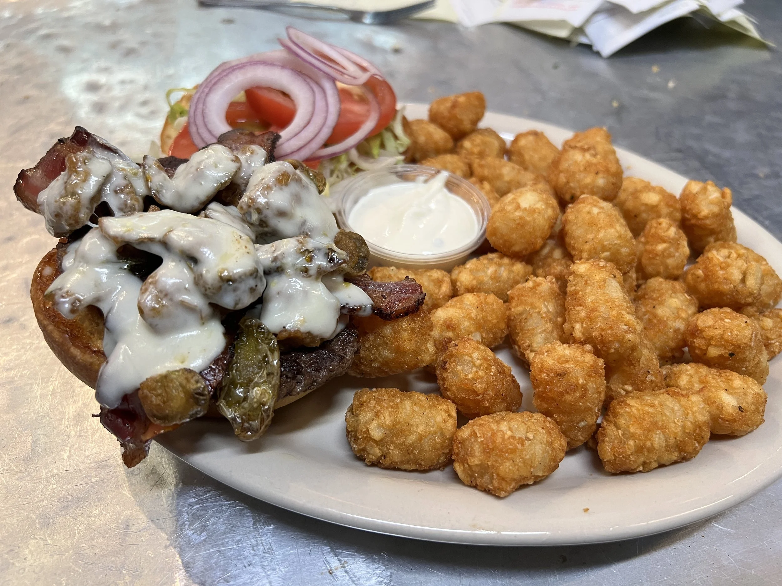 Cloverleaf Sports Bar & Grill Burger and Tots.JPG